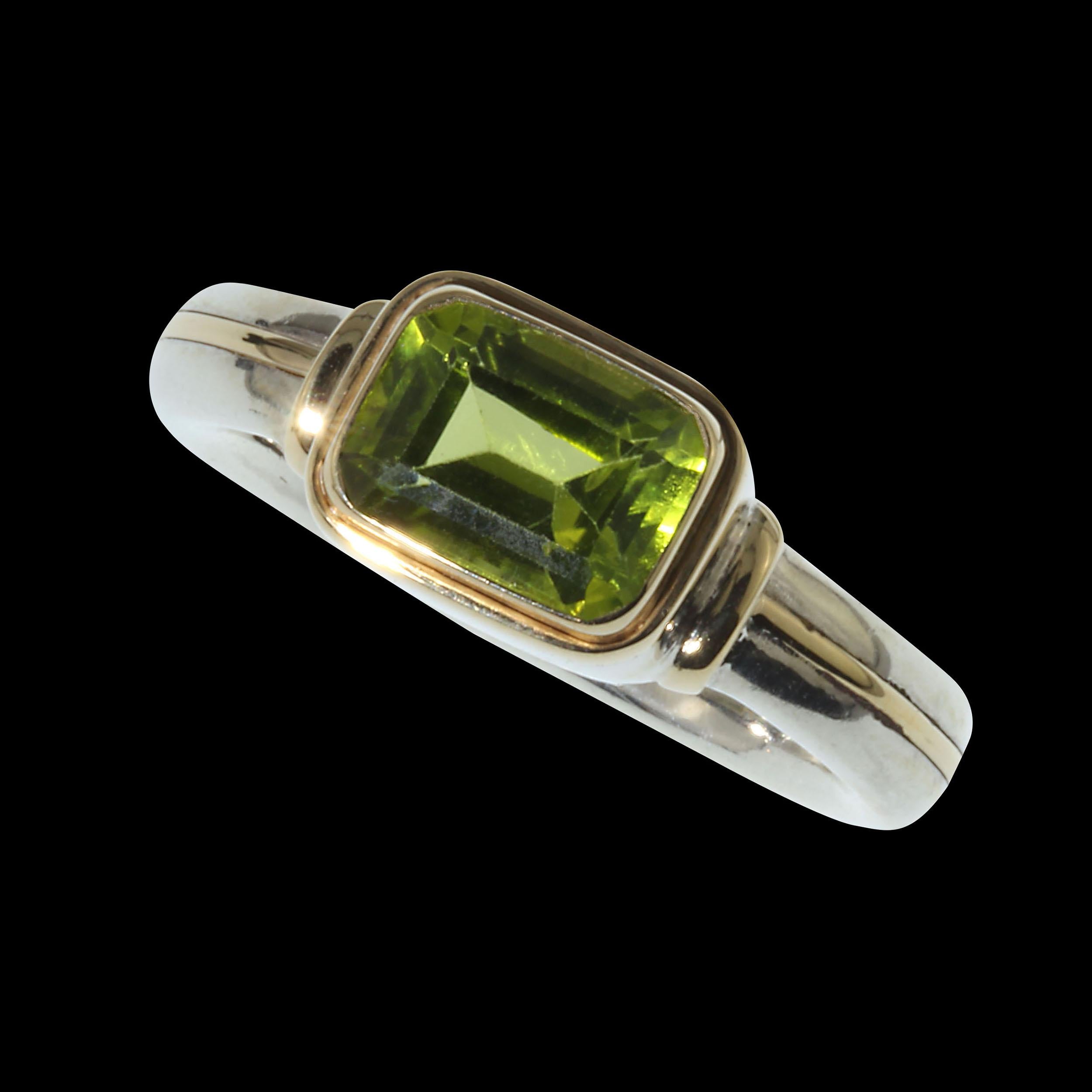 Emerald Cut Gemjunky Peridot and Sterling Silver Ring with 18 Karat Gold Accents