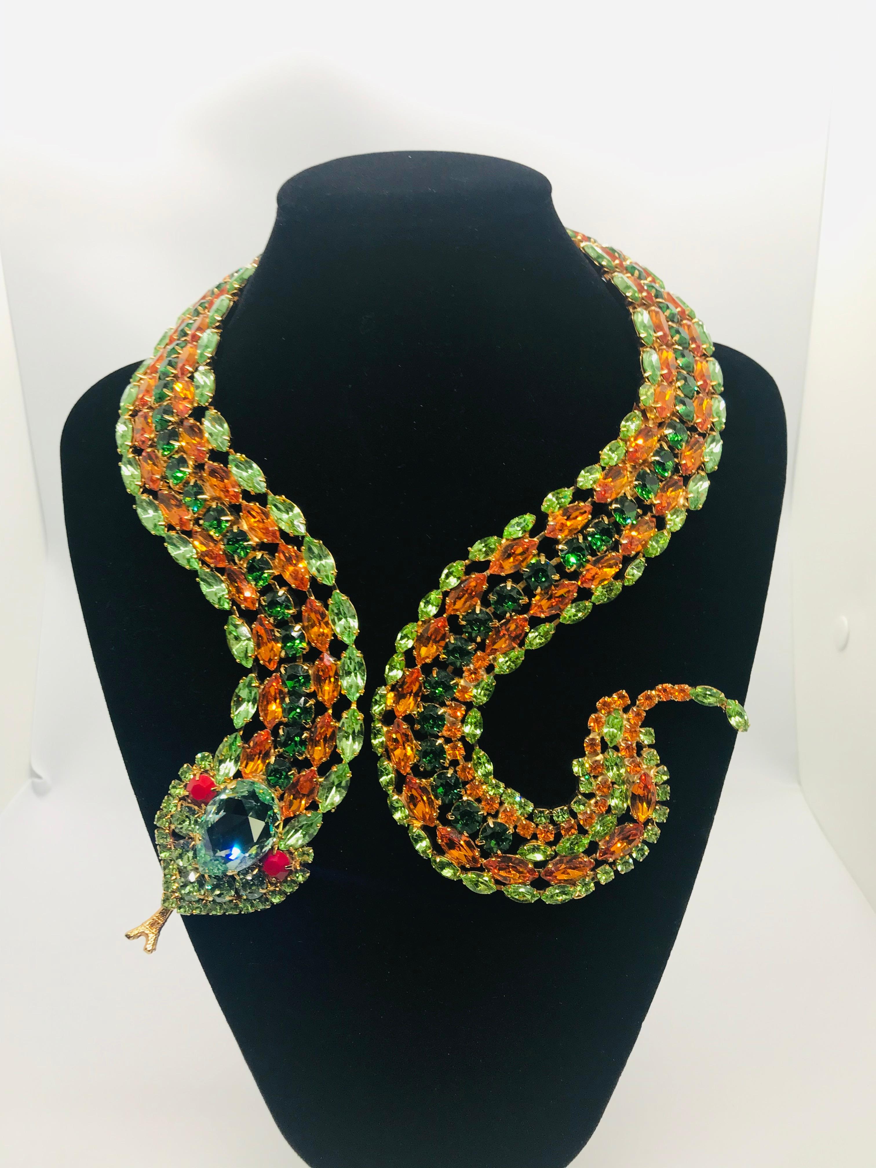 Victorian Peridot and Tangerine Austrian Crystal Snake Necklace For Sale