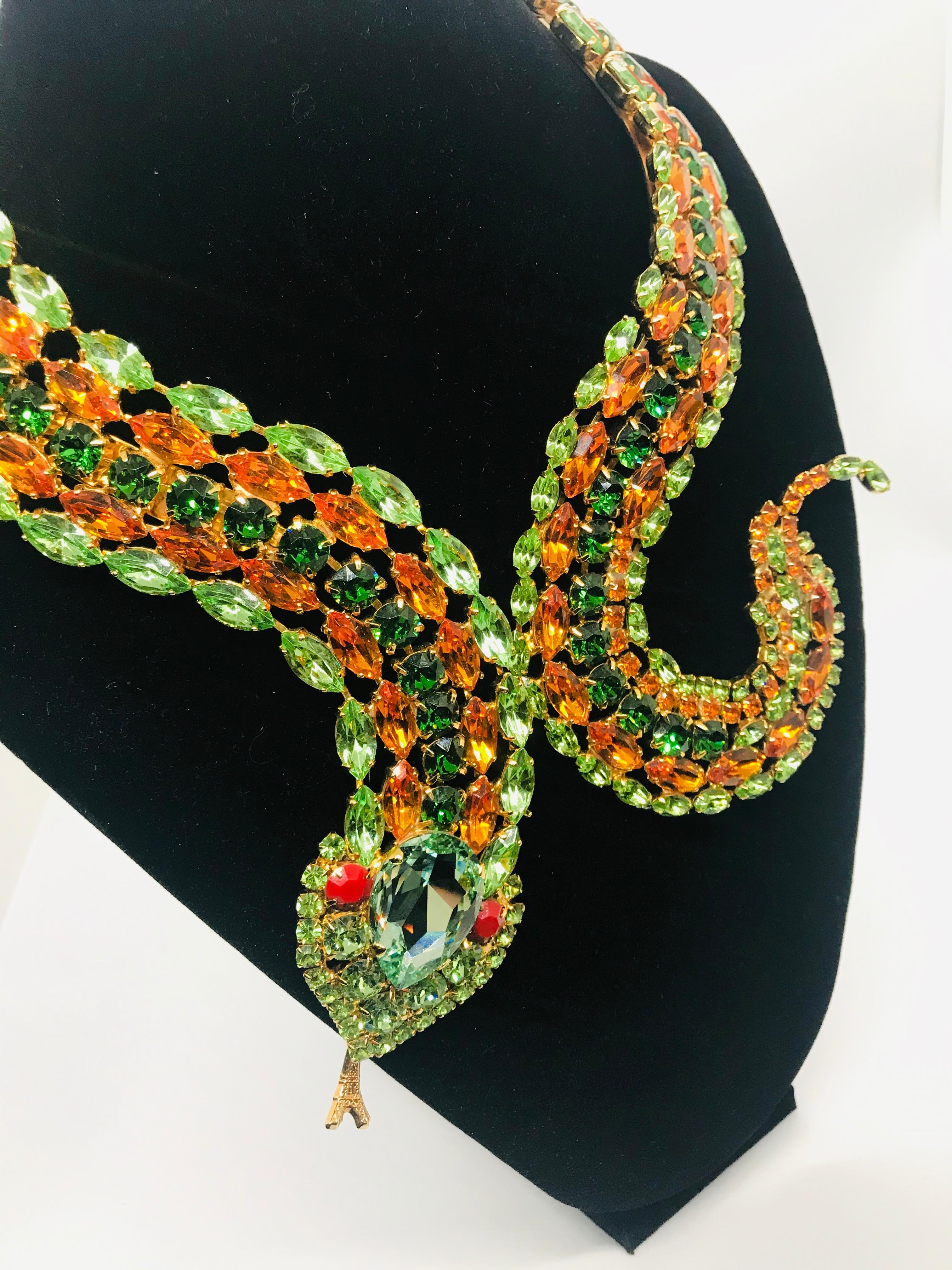 Marquise Cut Peridot and Tangerine Austrian Crystal Snake Necklace For Sale