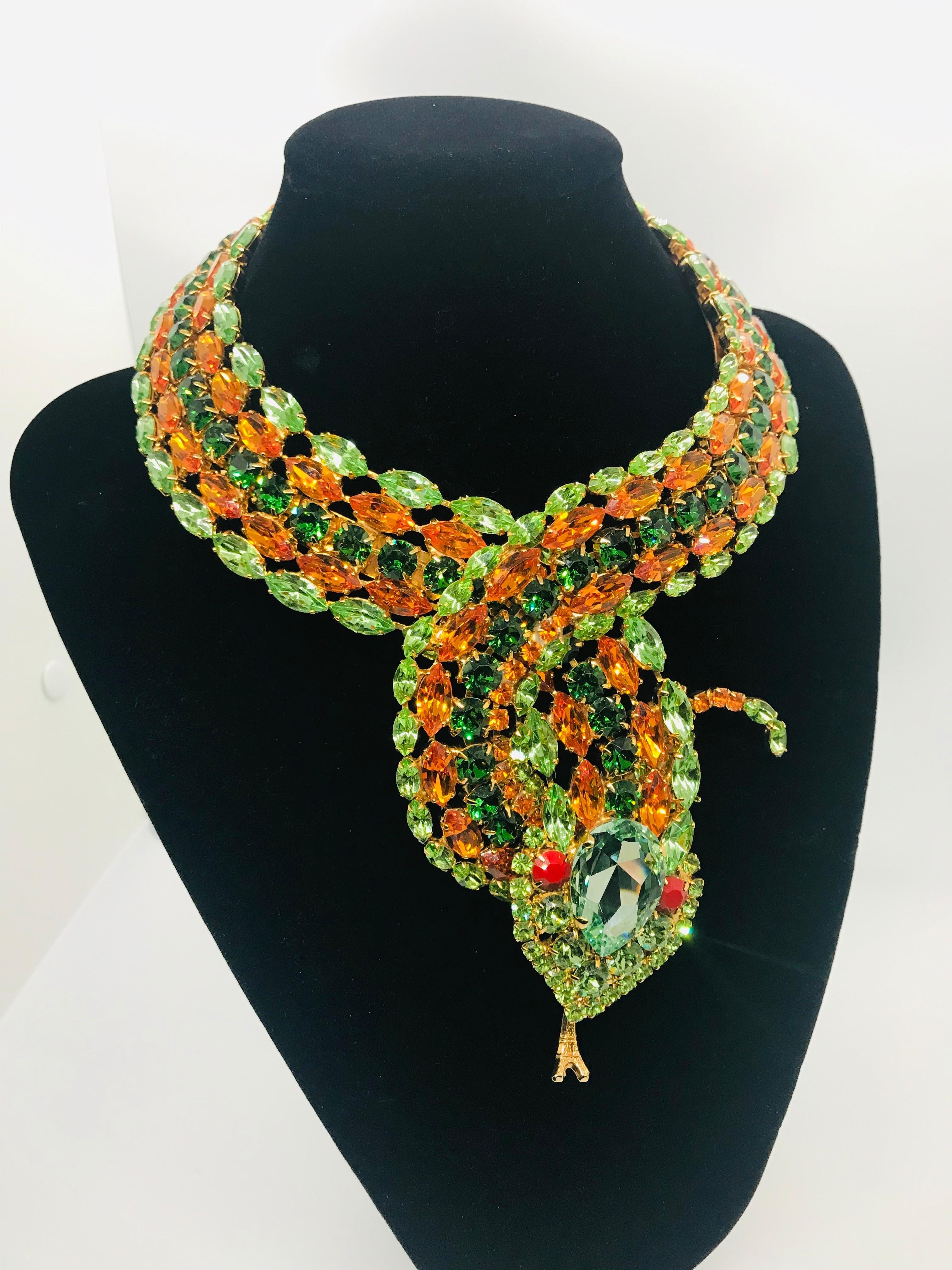 Women's Peridot and Tangerine Austrian Crystal Snake Necklace For Sale