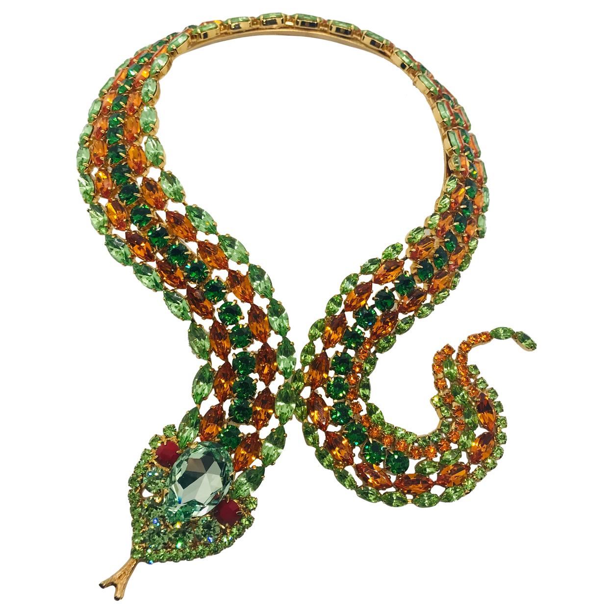 Peridot and Tangerine Austrian Crystal Snake Necklace For Sale