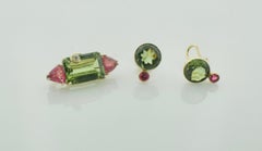 Peridot and Tourmaline Brooch and Earrings Set in 18k Yellow Gold