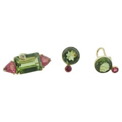 Peridot and Tourmaline Brooch and Earrings Set in 18k Yellow Gold