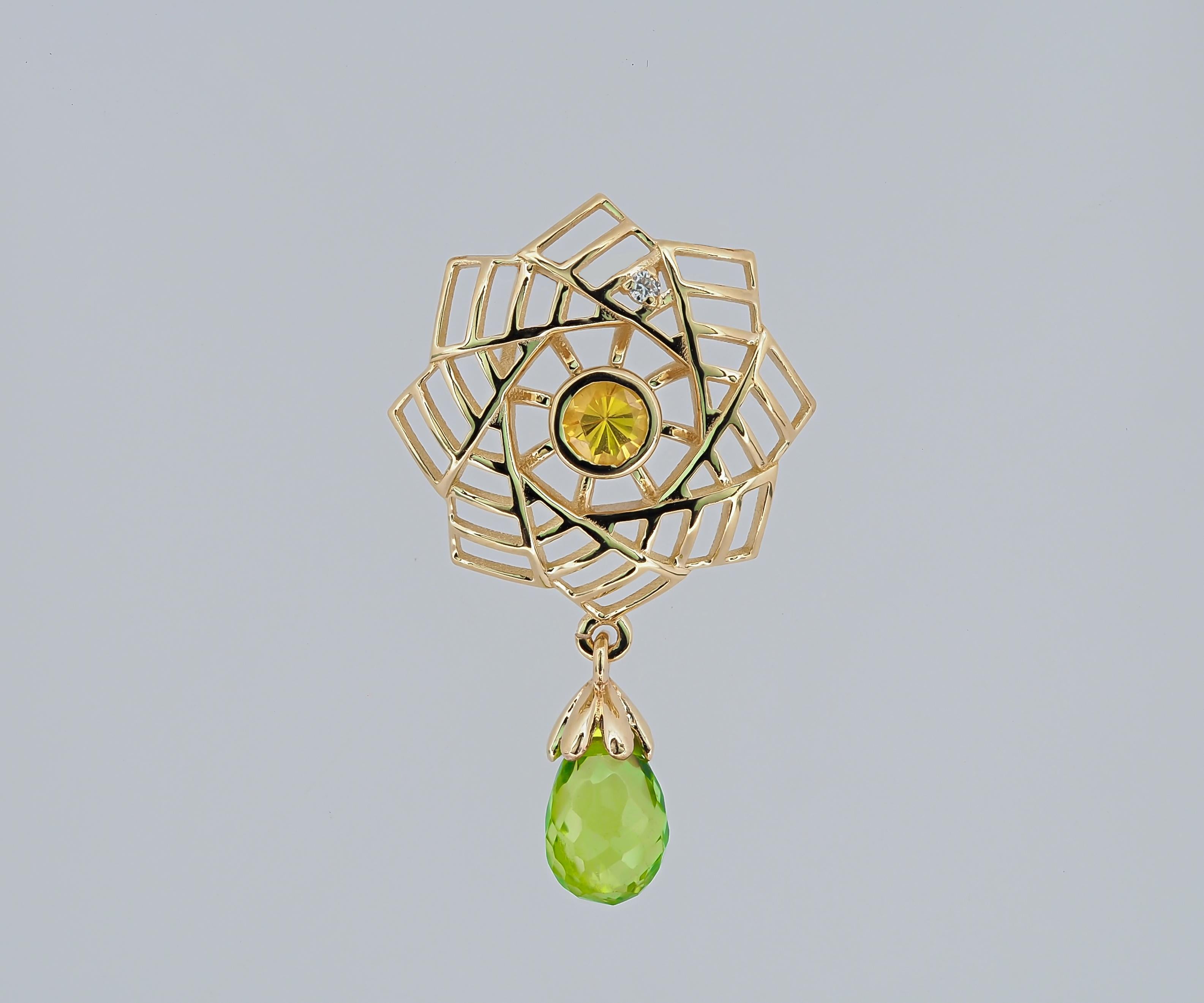 Peridot and Yellow Sapphire Pendant in 14k Gold In New Condition For Sale In Istanbul, TR