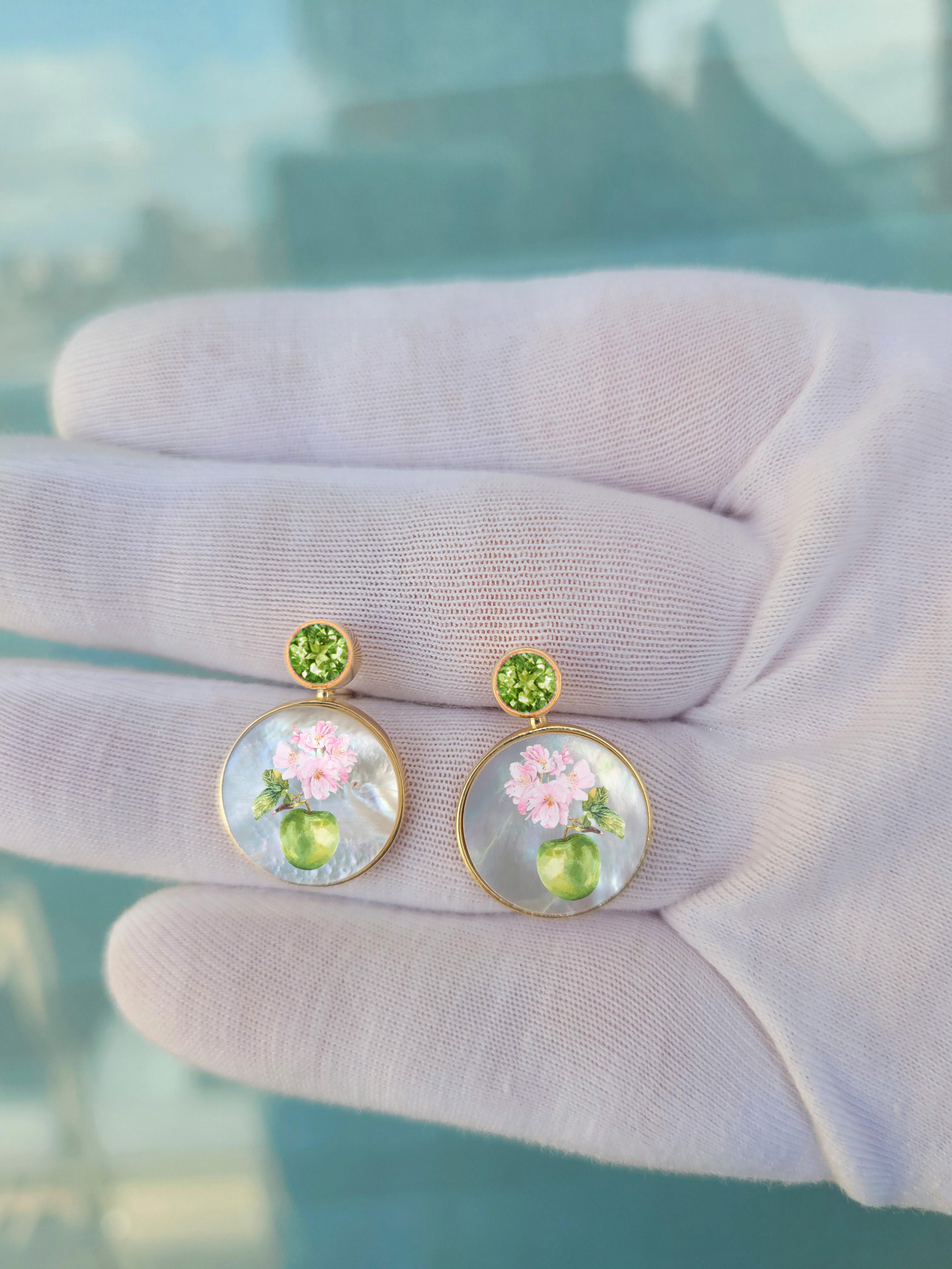 Round Cut Peridot, apple tree painting, Mother of pearl earrings studs. For Sale