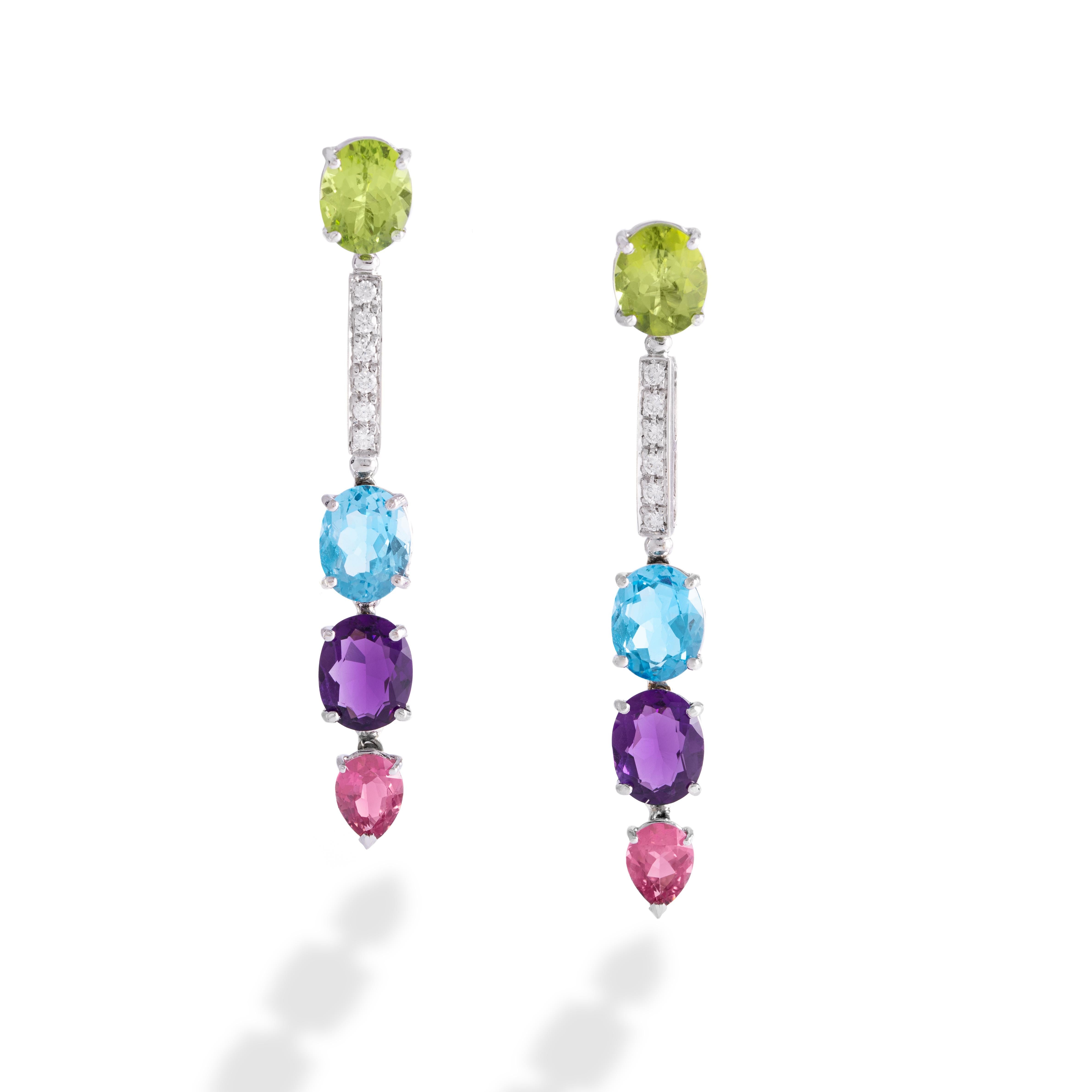 Peridot, Aquamarine, Amethyst and Diamond on white gold 18K Earrings.

Length: 6.10 centimeters.
Width: 0.30 centimeters up to 0.80 centimeters.
Total weight: 13.64 grams.

