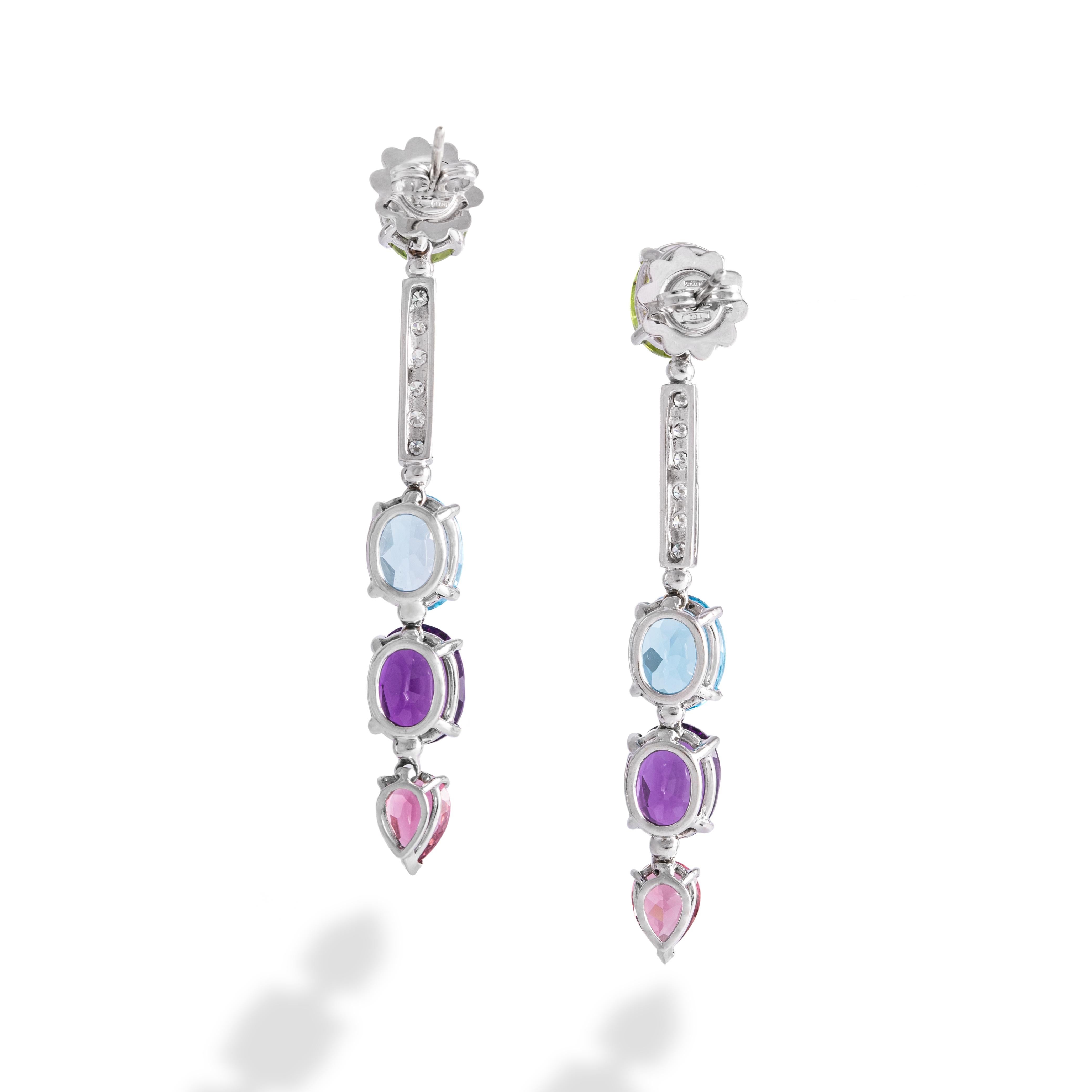 Peridot, Aquamarine, Amethyst and Diamond Earrings In Excellent Condition For Sale In Geneva, CH