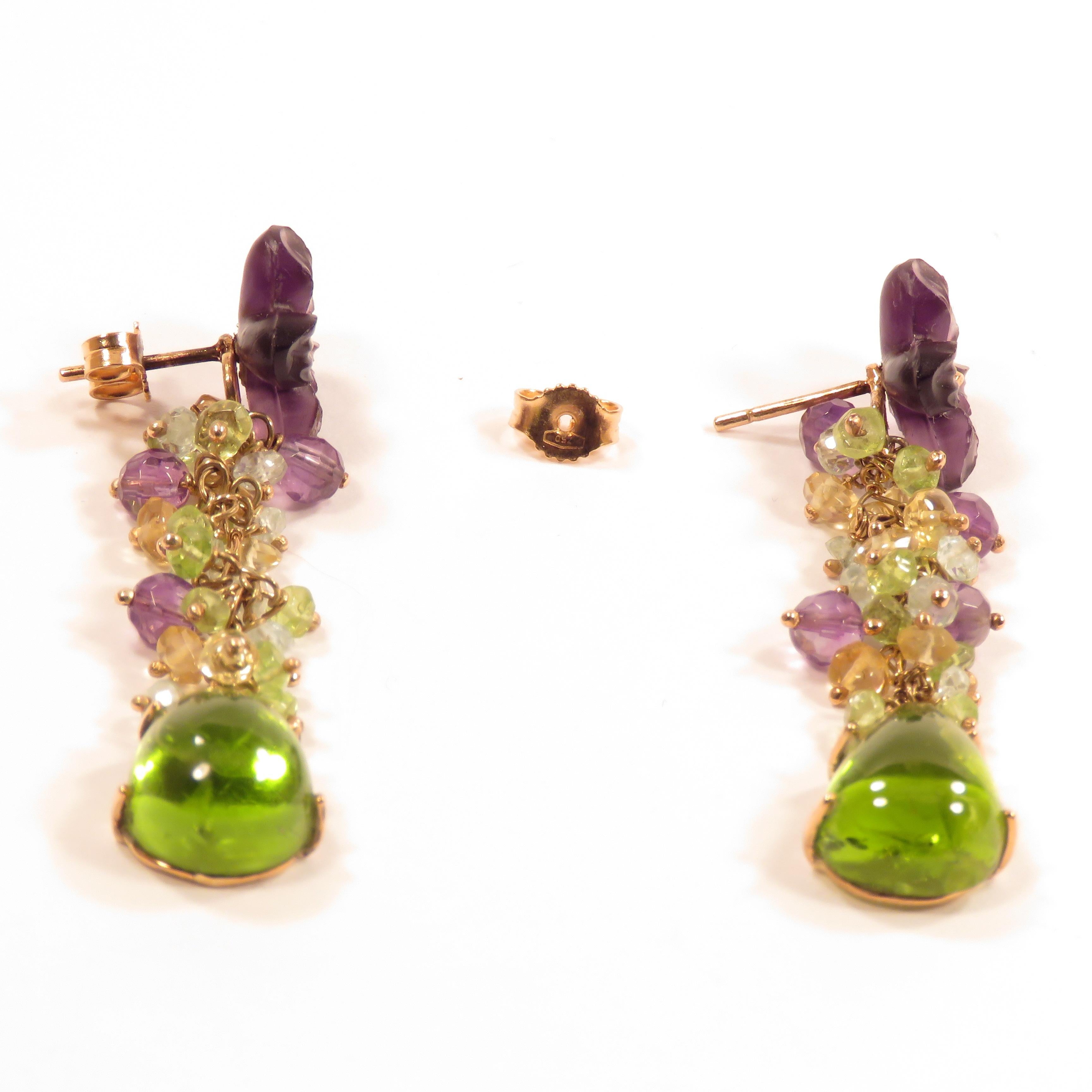 Contemporary Peridot Aquamarine Amethyst Topaz 9 K Rose Gold Earrings Handcrafted in Italy