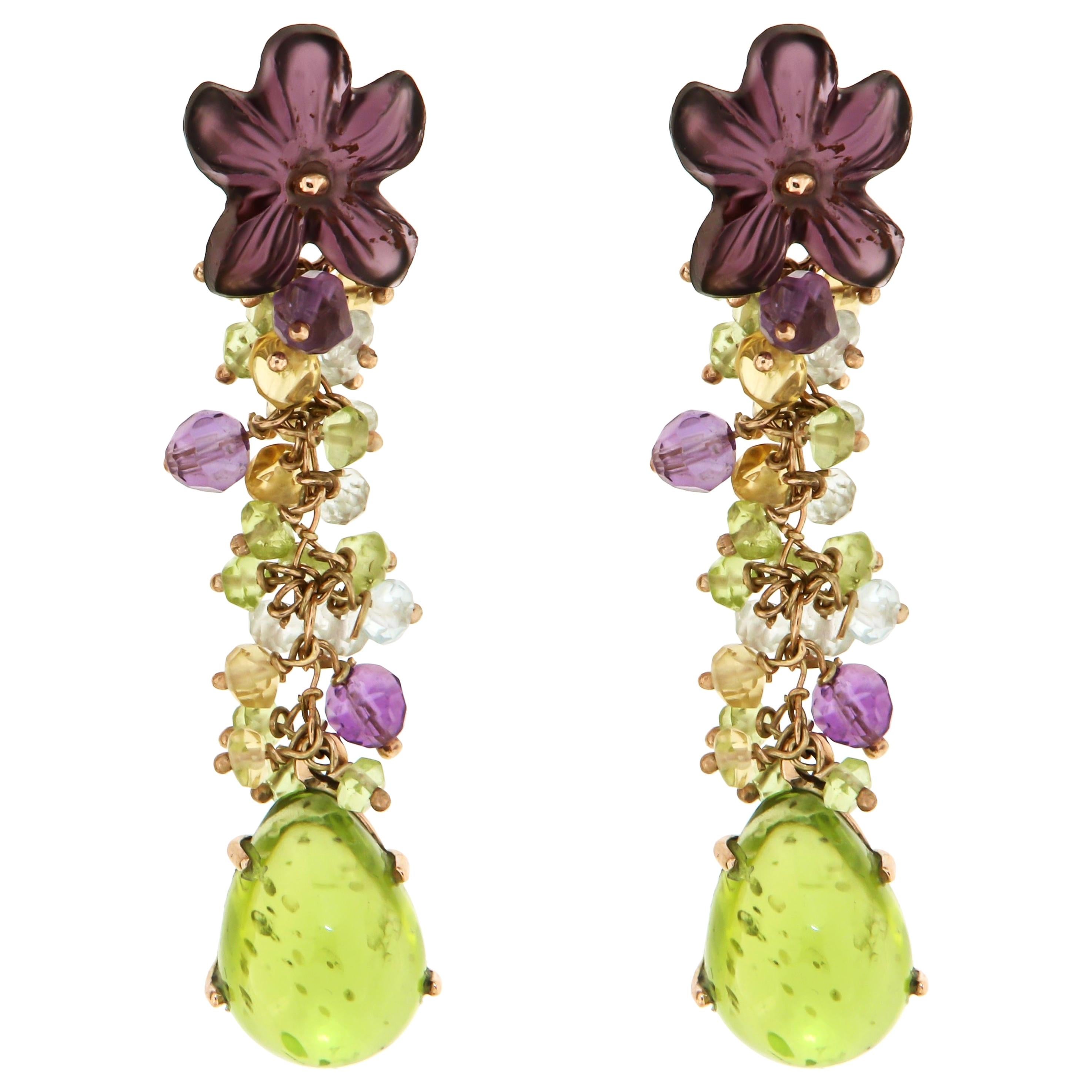 Peridot Aquamarine Amethyst Topaz 9 K Rose Gold Earrings Handcrafted in Italy