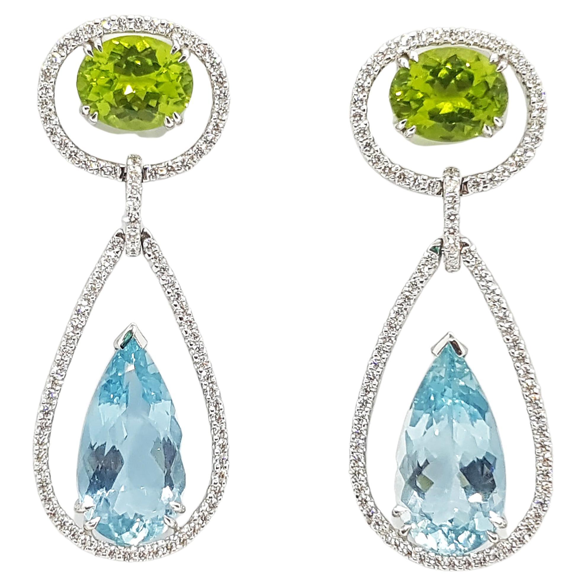 Peridot, Aquamarine and Diamond Earrings Set in 18 Karat White Gold Settings