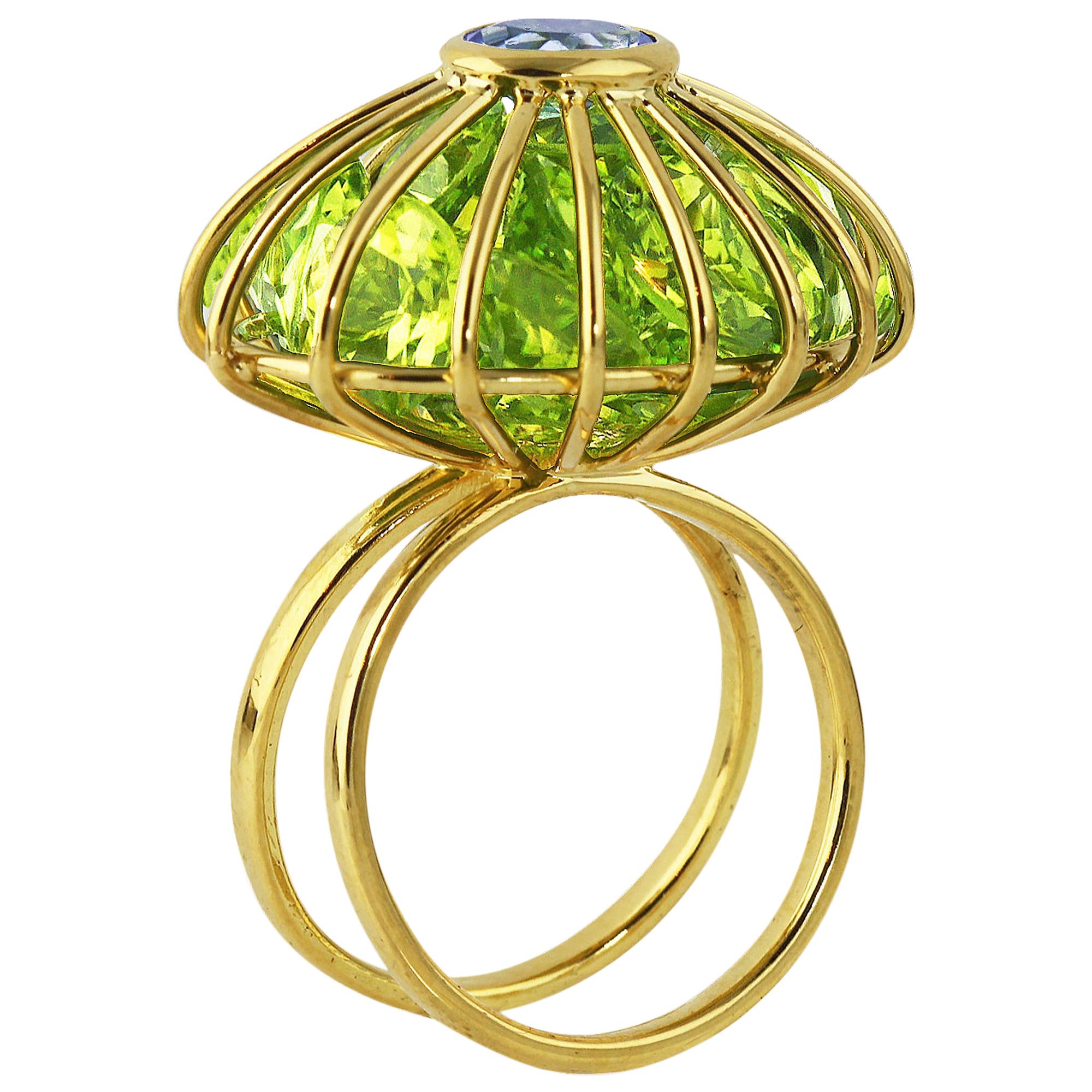 Ico & the Bird Fine Jewelry 17.73 carat Peridot Aquamarine Gold Ring For Sale