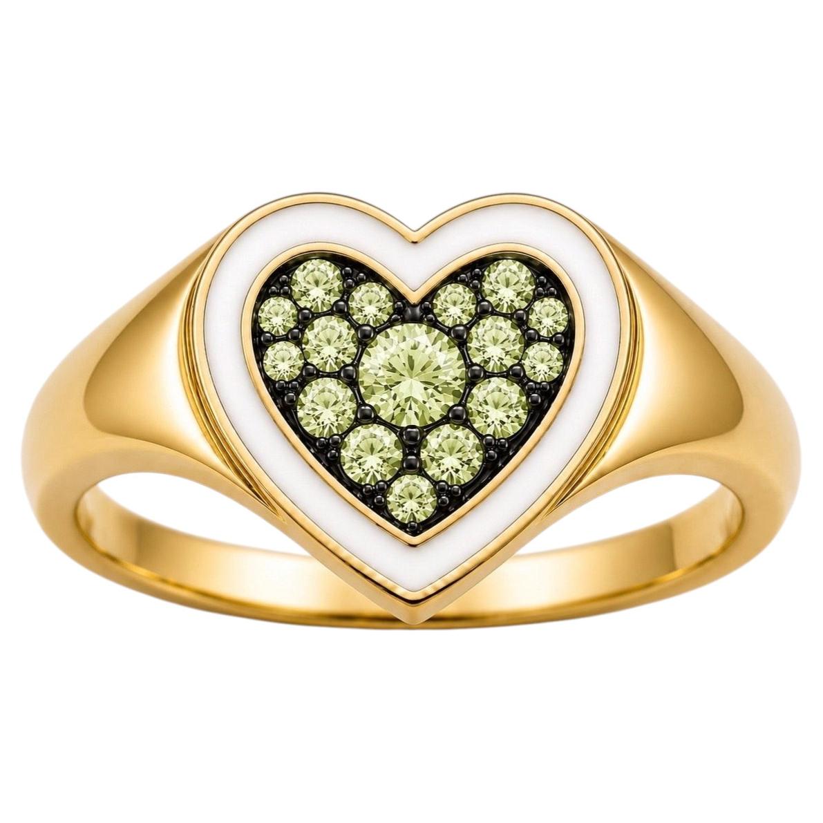 Peridot Birthstone Heart Ring White Enamel 14K Gold by Meghna Jewels