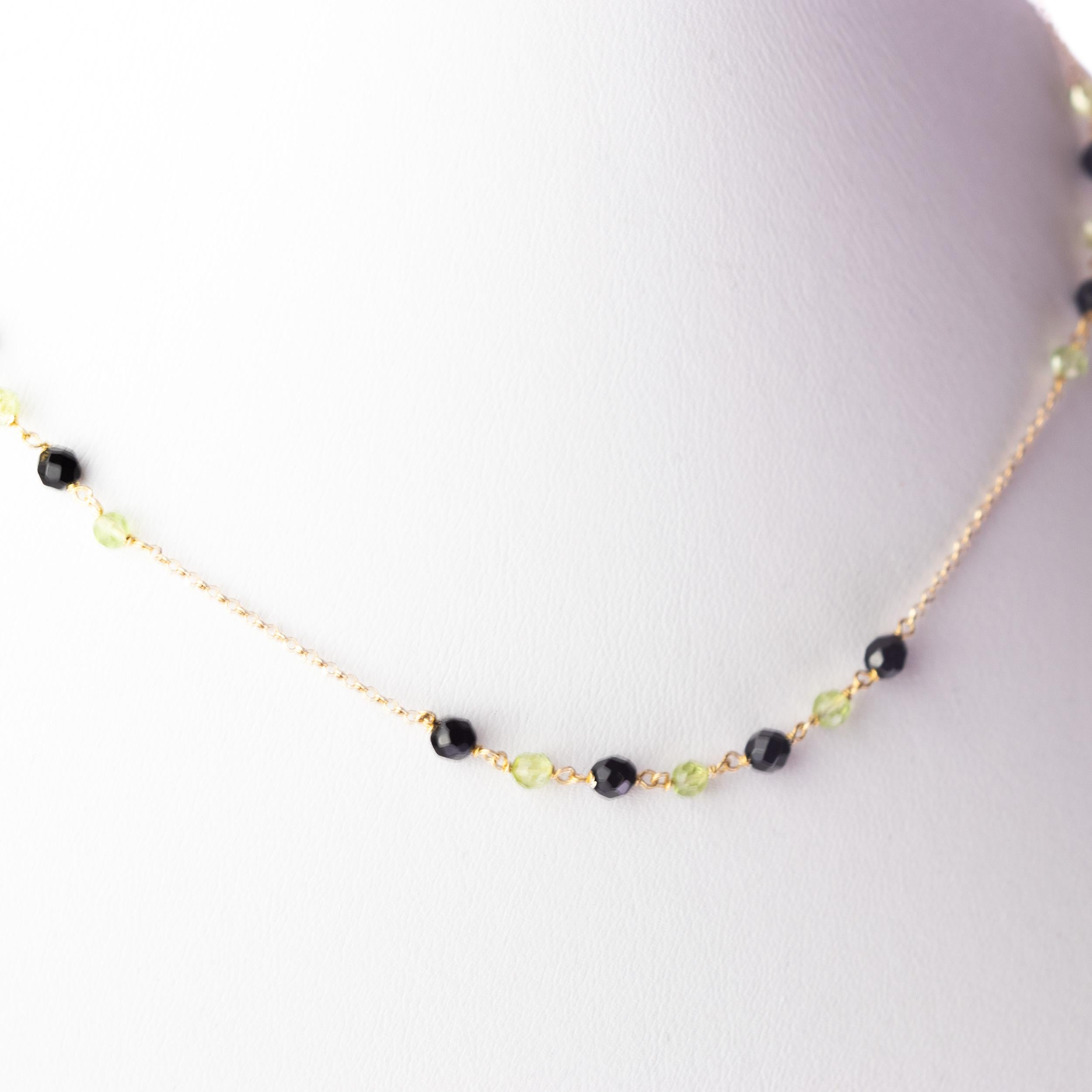 Modern Peridot Black Agate Rondelles 18 Karat Yellow Gold Chain Colorful Necklace For Sale