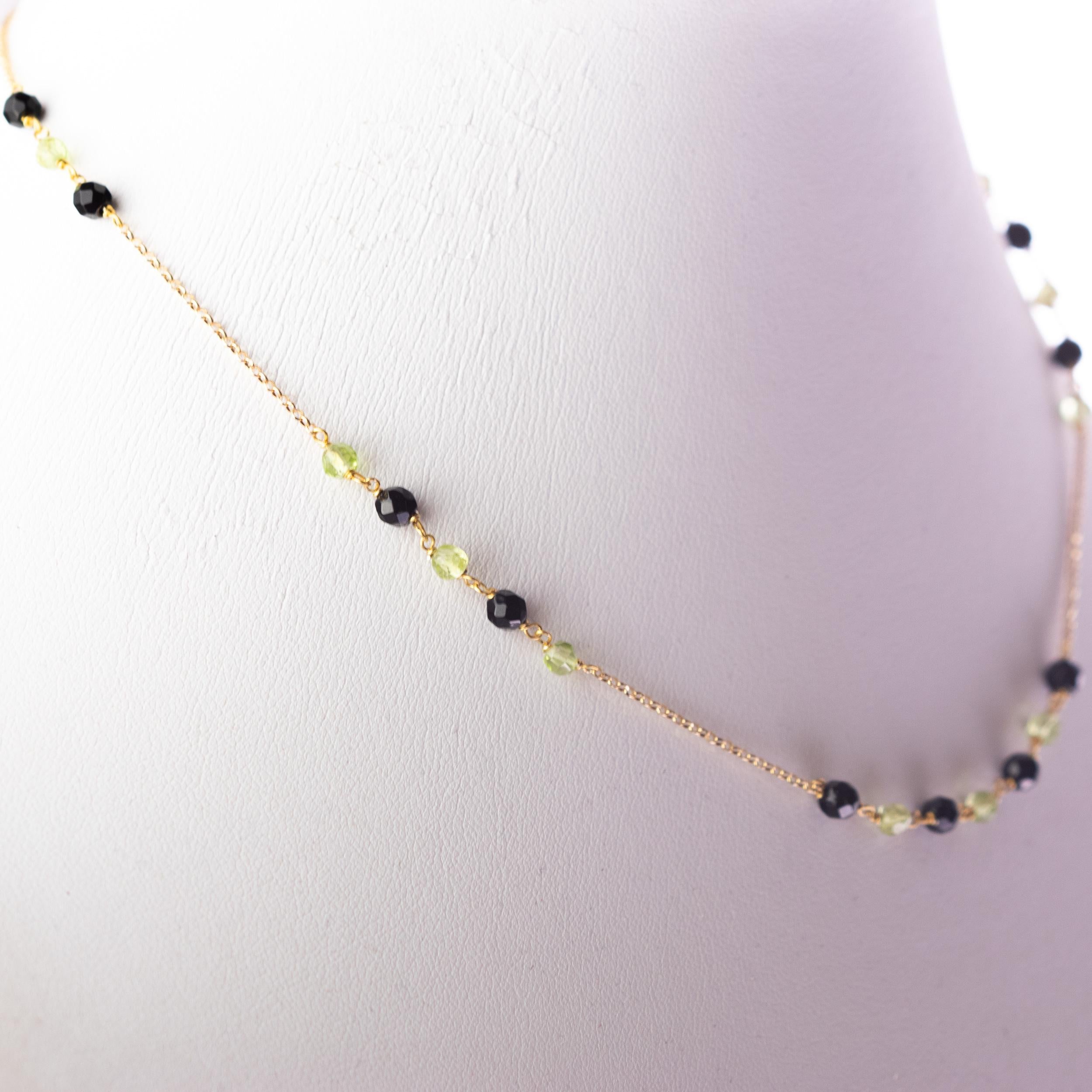 Round Cut Peridot Black Agate Rondelles 18 Karat Yellow Gold Chain Colorful Necklace For Sale