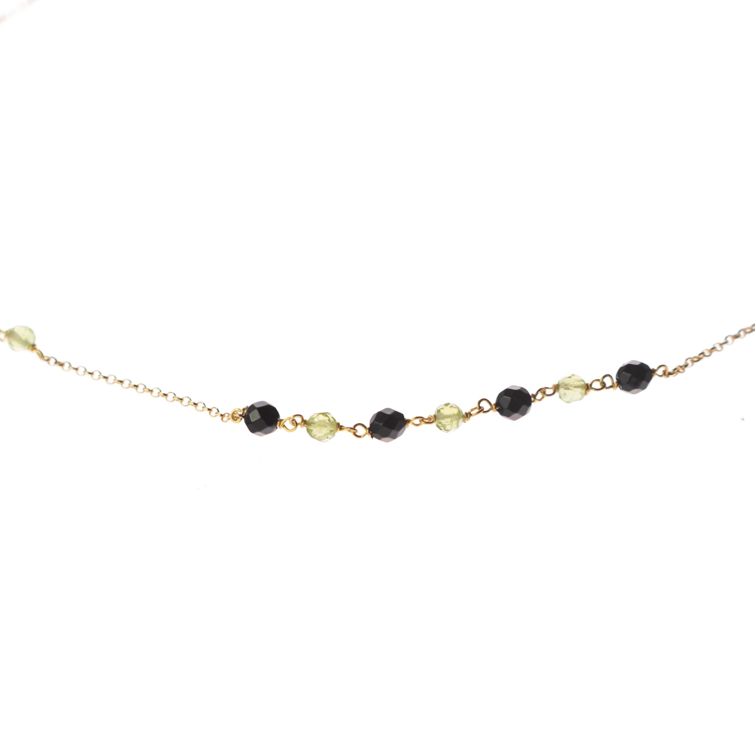Women's or Men's Peridot Black Agate Rondelles 18 Karat Yellow Gold Chain Colorful Necklace For Sale
