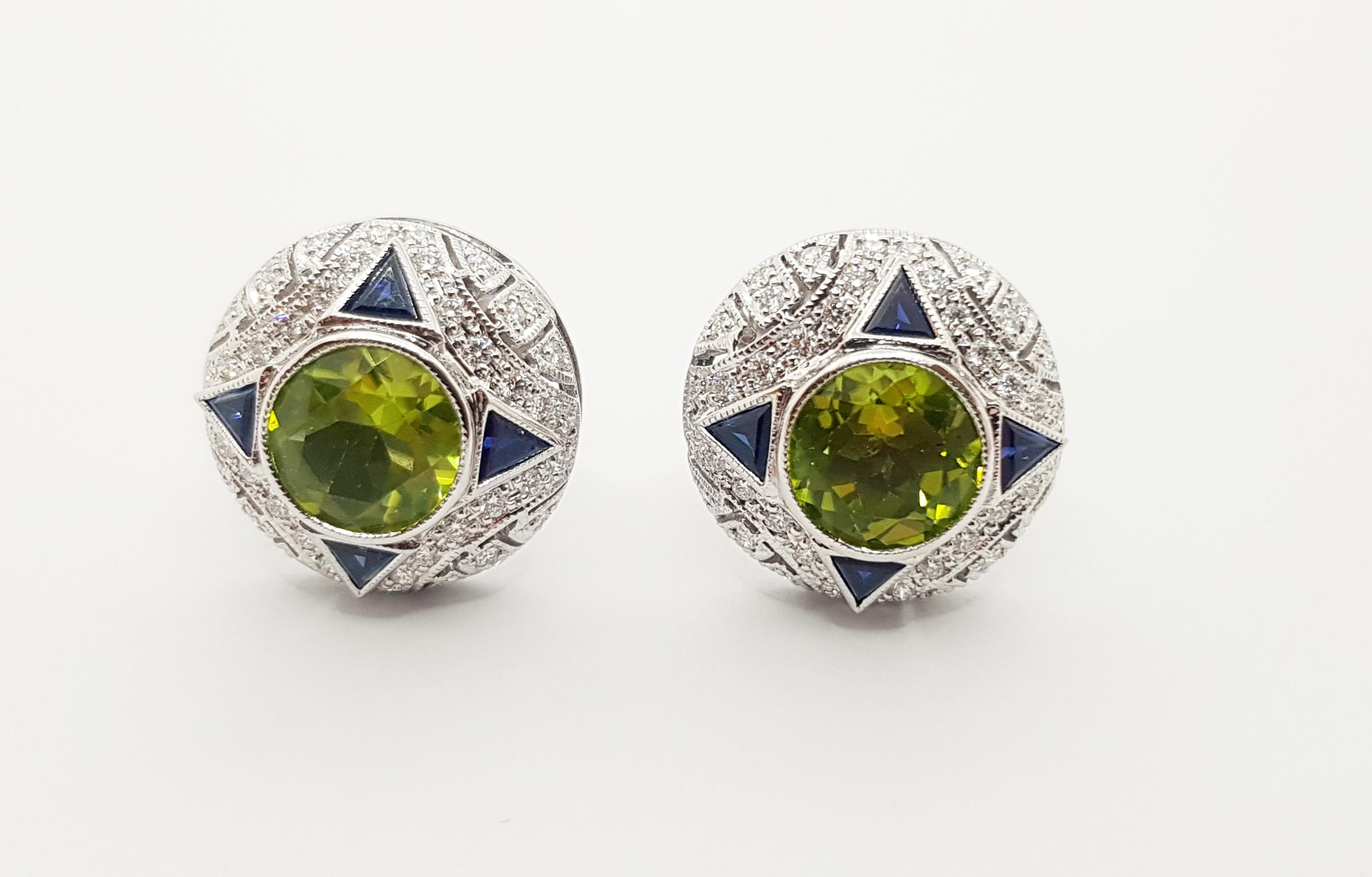 Art Deco Peridot, Blue Sapphire and Diamond Earrings Set in 18 Karat White Gold Settings For Sale