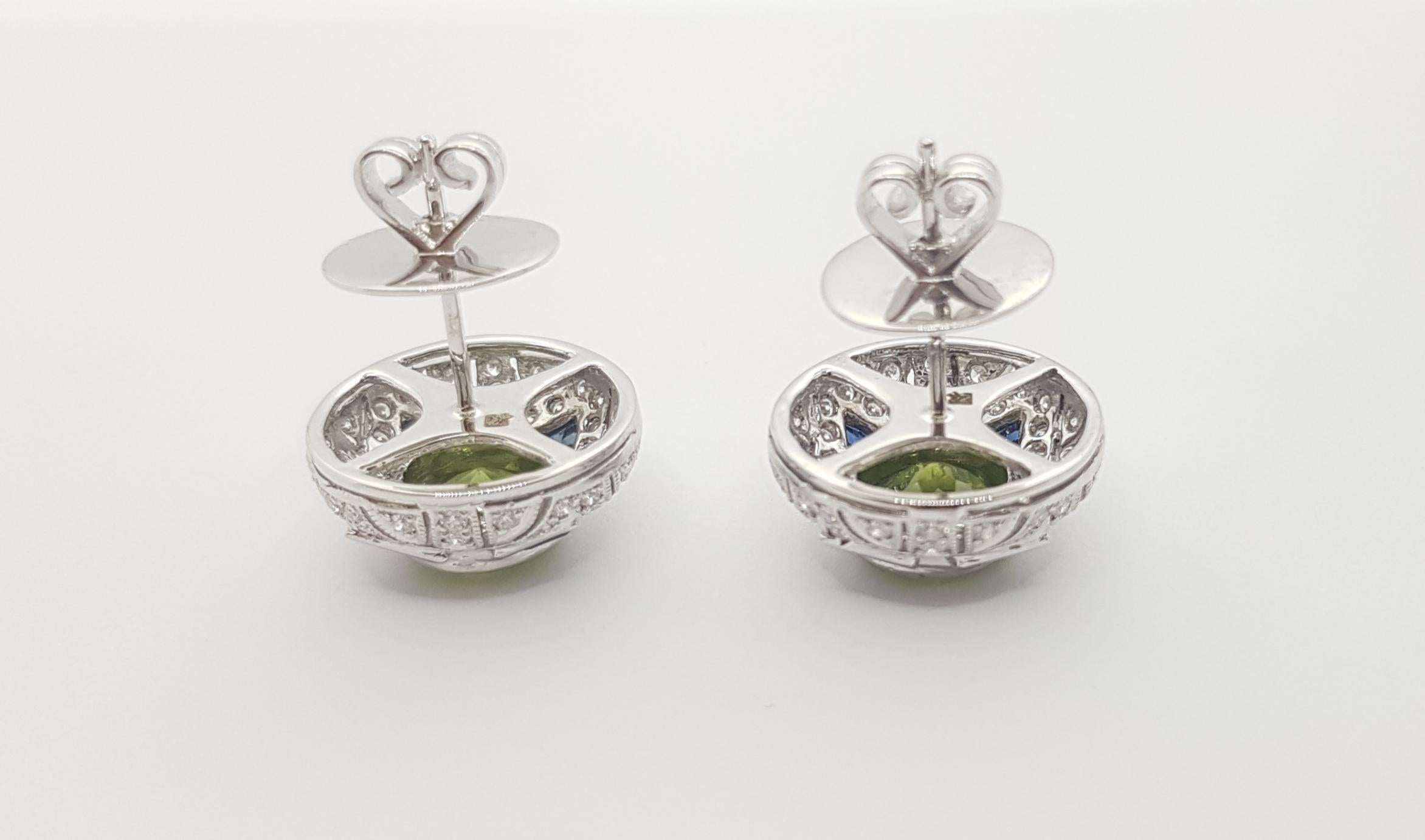 Women's Peridot, Blue Sapphire and Diamond Earrings Set in 18 Karat White Gold Settings For Sale