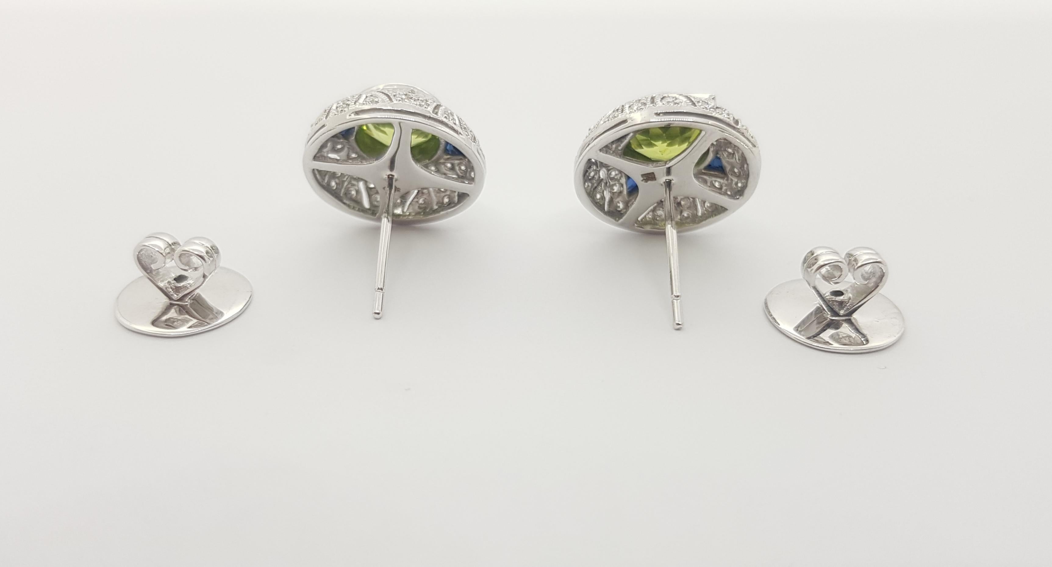 Peridot, Blue Sapphire and Diamond Earrings Set in 18 Karat White Gold Settings For Sale 1