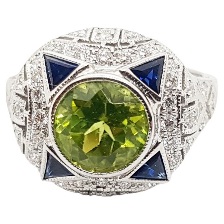 Peridot, Blue Sapphire and Diamond Ring Set in 18 Karat White Gold Settings For Sale