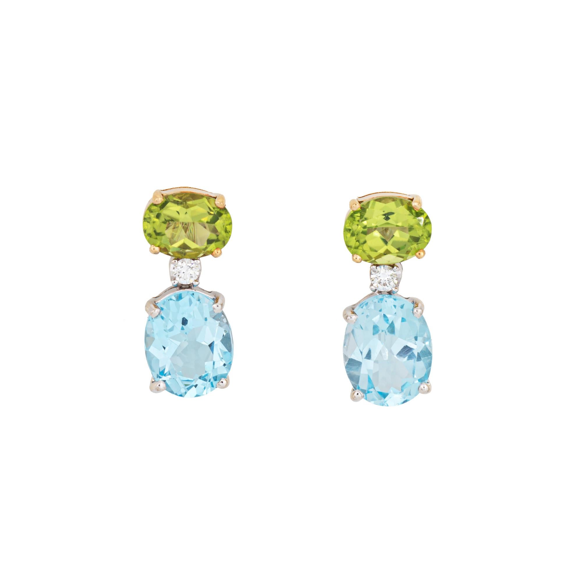 Oval Cut Peridot Blue Topaz Earrings Drops Estate 18k Gold Mixed Gemstones Fine Jewelry For Sale