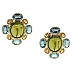 Peridot, Aquamarine, and Yellow Sapphire French Clip Earrings in Yellow Gold