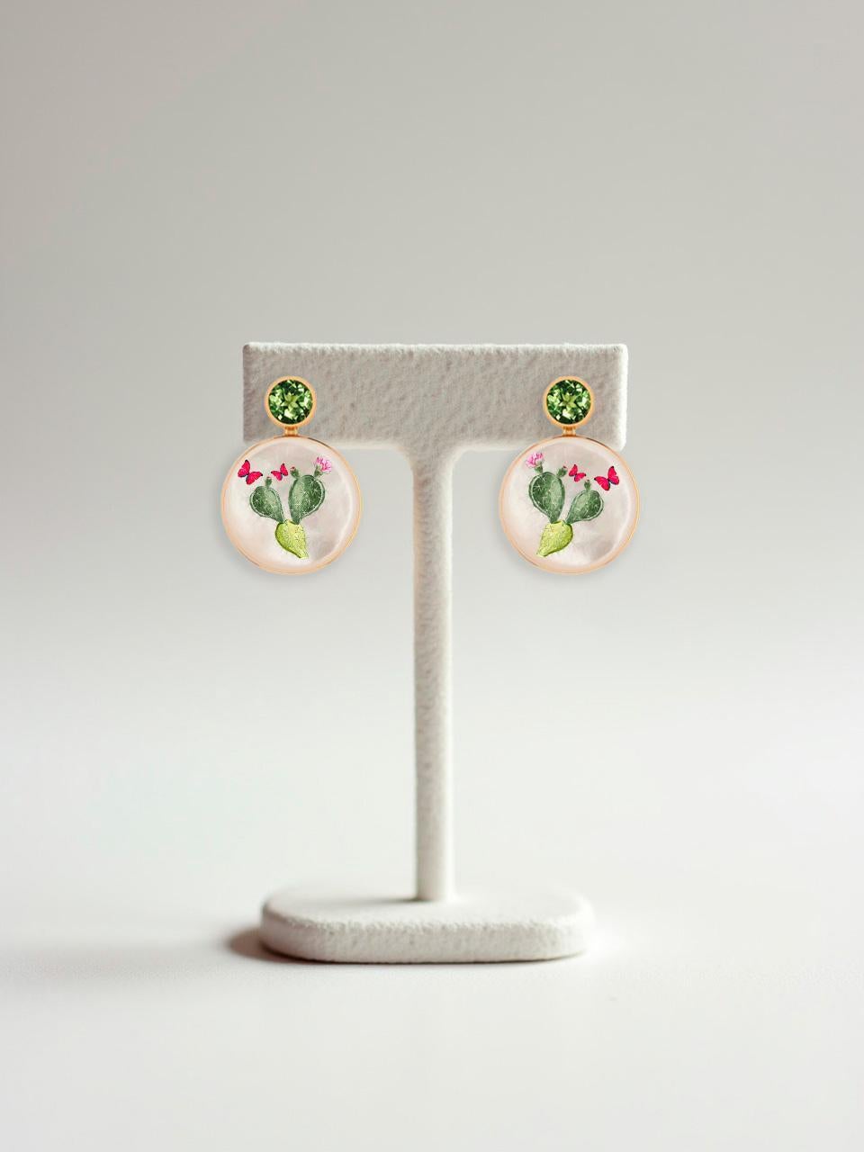 Modern Peridot, cactus blooms painting, Mother of pearl earrings studs. For Sale
