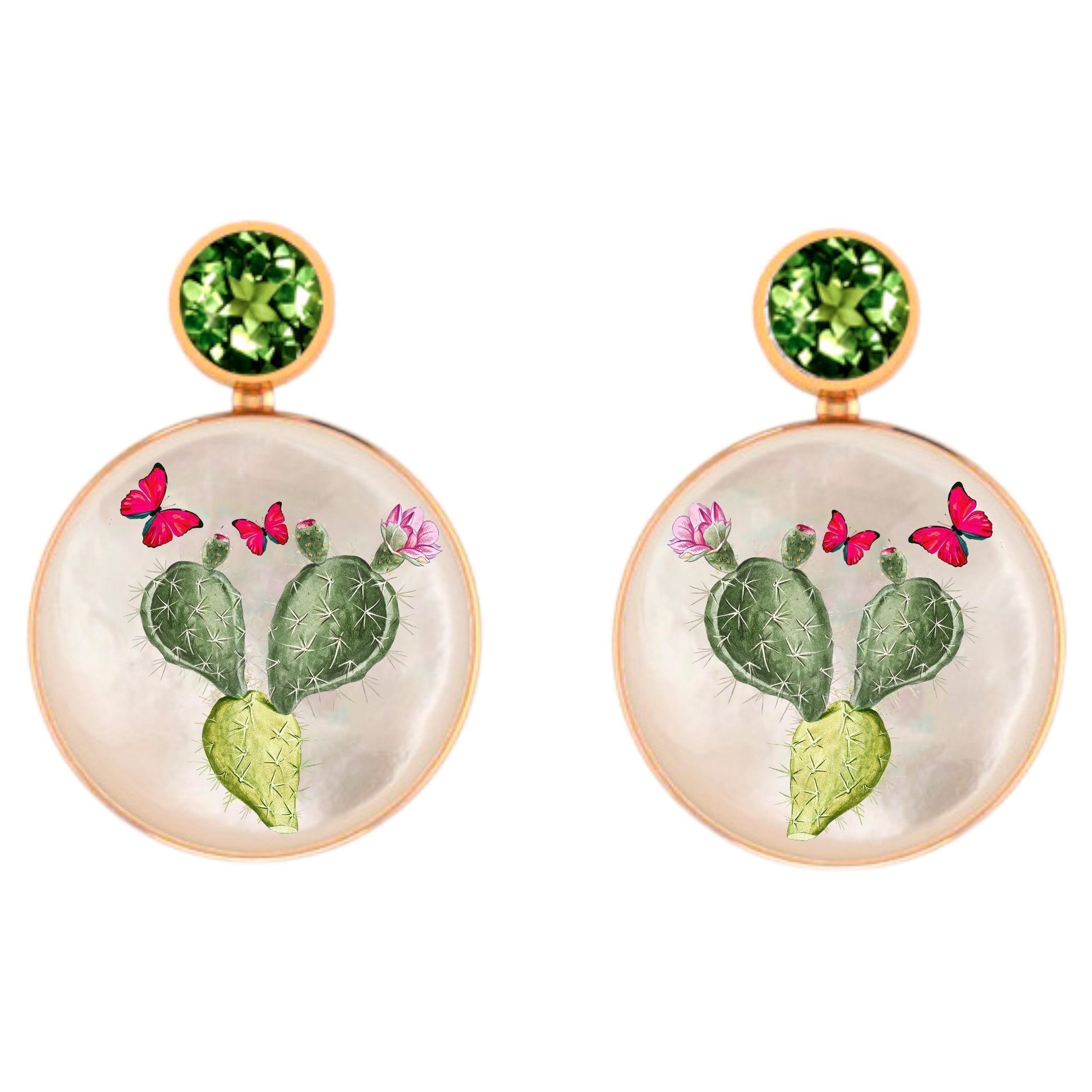 Peridot, cactus blooms painting, Mother of pearl earrings studs. For Sale