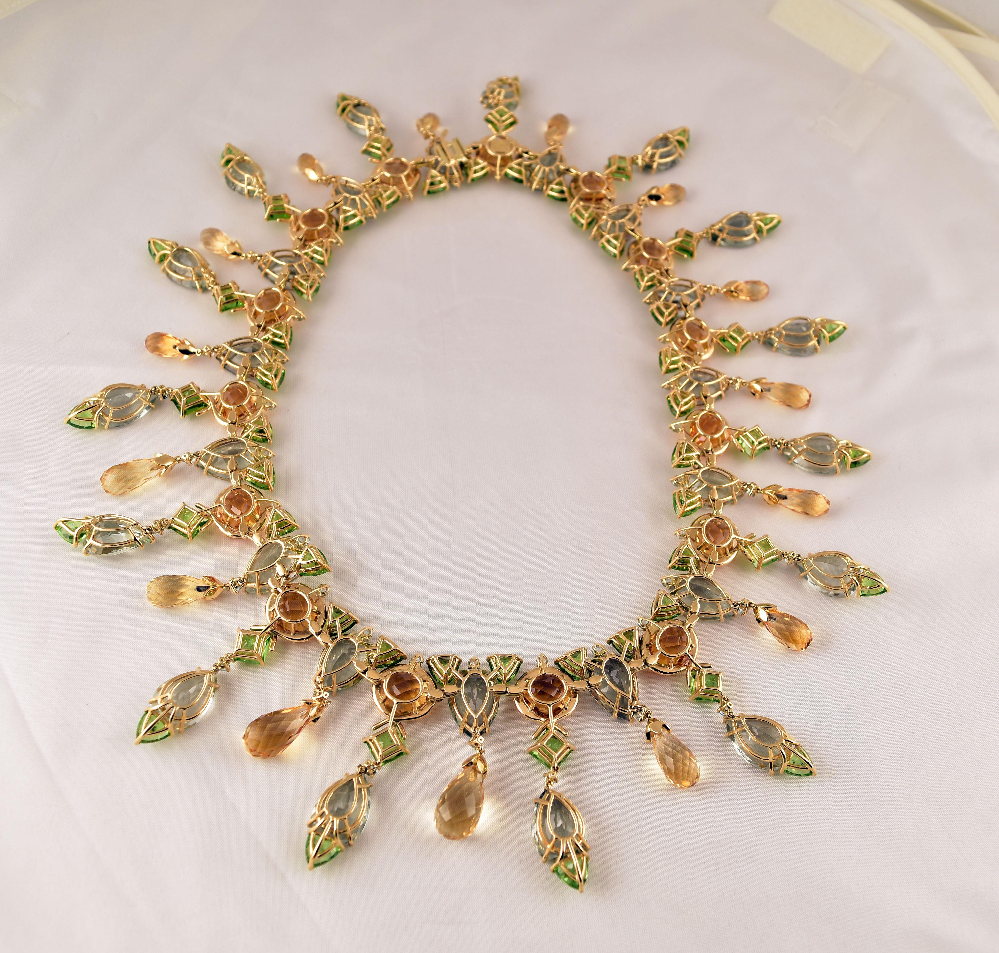Simply Beautiful! Elegant and Finely detailed Peridot (app. 116.25 total Carat weight), Citrine (app. 245 total Carat weight), Green Amethyst (app. 270 total Carat weight) and Blue Zircon (app. 6.18 total Carat weight) Statement Necklace. Hand
