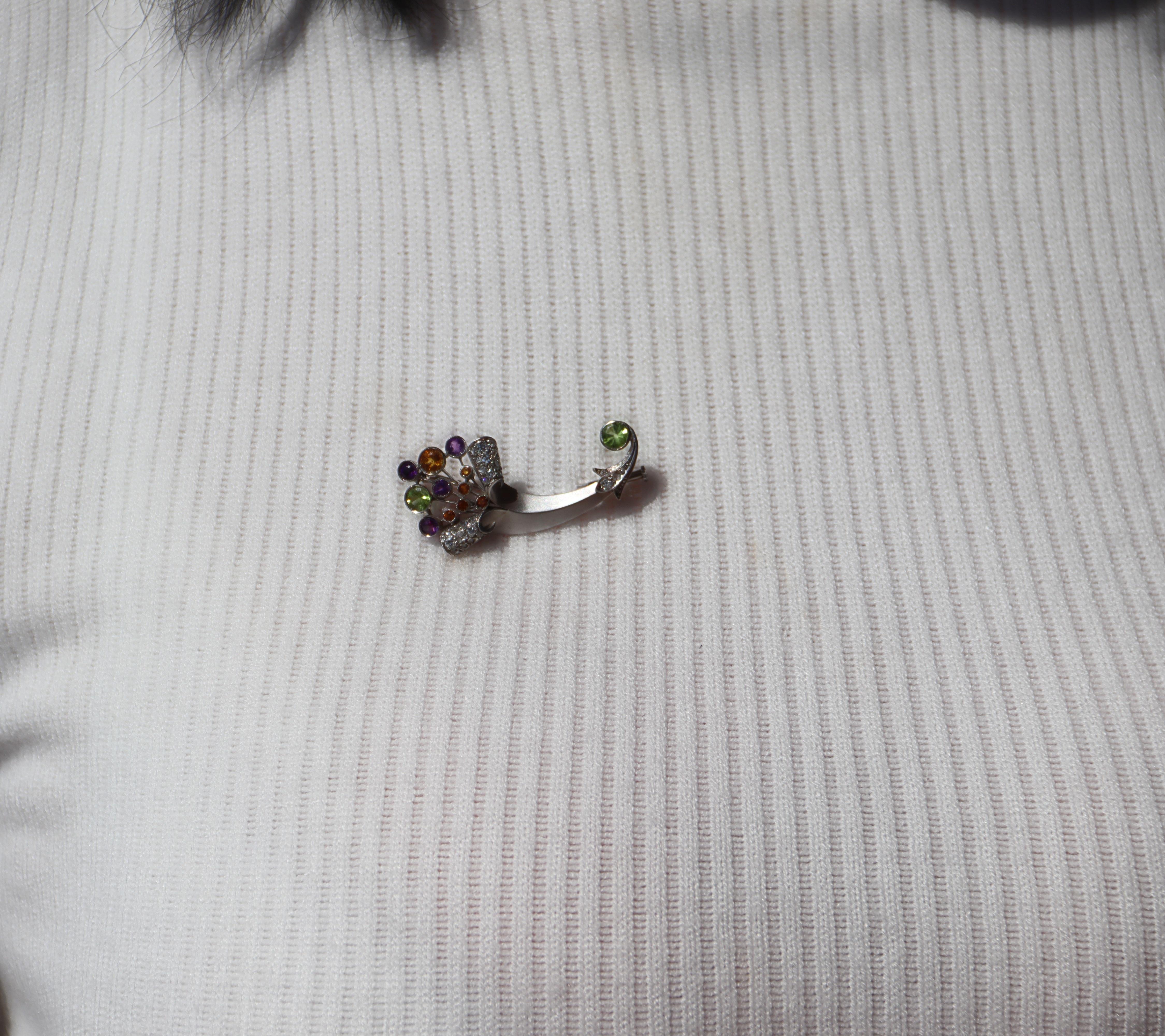 Peridot Citrine Amethyst Diamonds 18 Karat White Gold Brooch For Sale 5