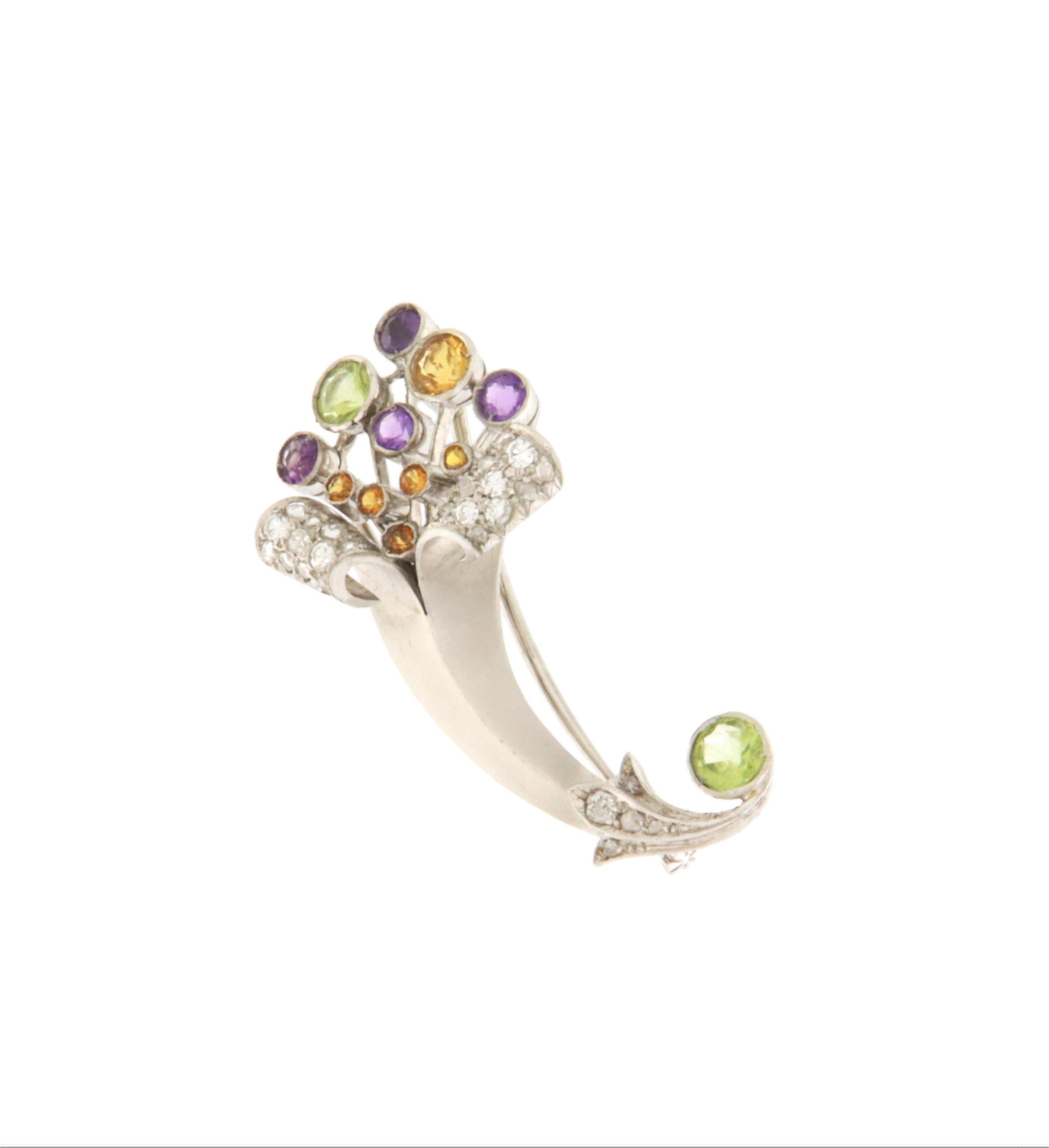 Contemporary Peridot Citrine Amethyst Diamonds 18 Karat White Gold Brooch For Sale