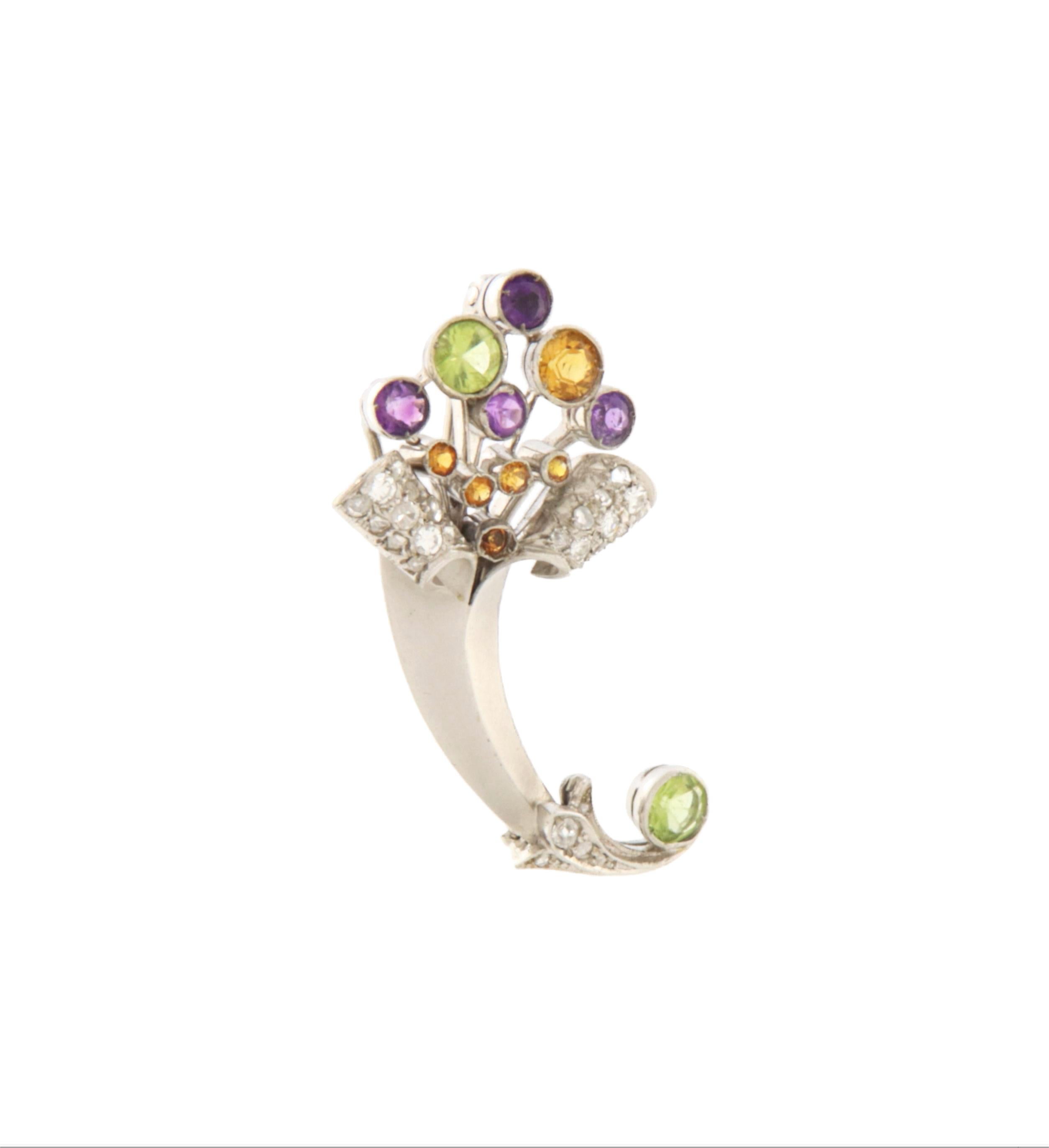 Brilliant Cut Peridot Citrine Amethyst Diamonds 18 Karat White Gold Brooch For Sale