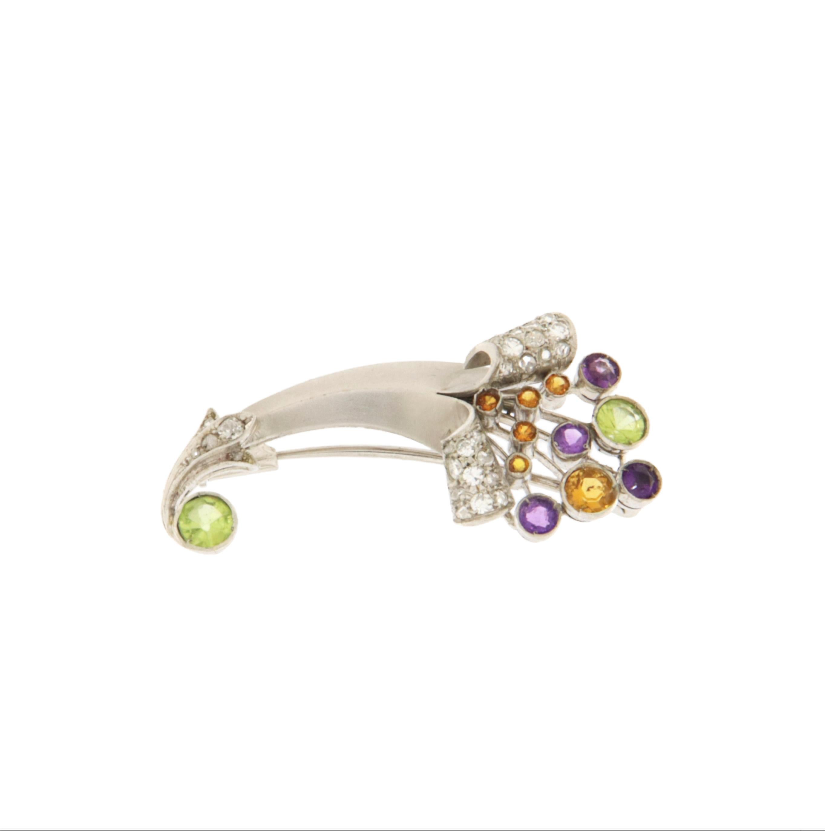 Peridot Citrine Amethyst Diamonds 18 Karat White Gold Brooch In New Condition For Sale In Marcianise, IT