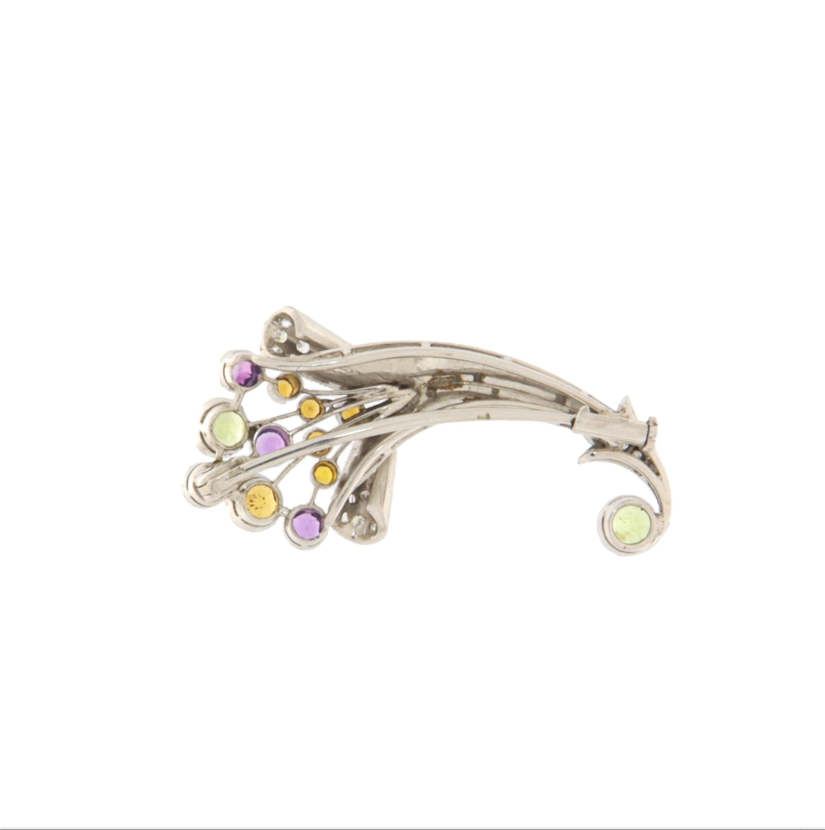 Women's Peridot Citrine Amethyst Diamonds 18 Karat White Gold Brooch For Sale