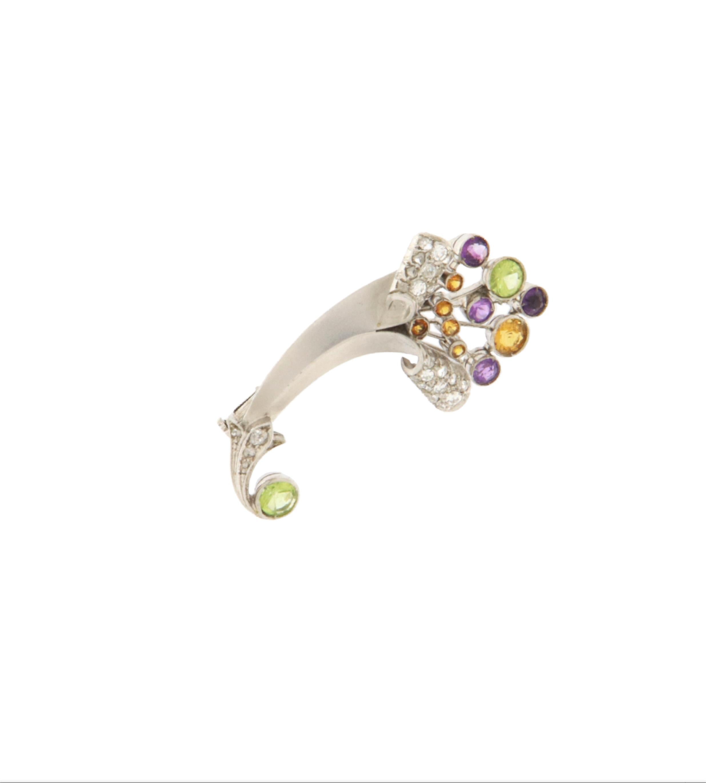 Peridot Citrine Amethyst Diamonds 18 Karat White Gold Brooch For Sale 1