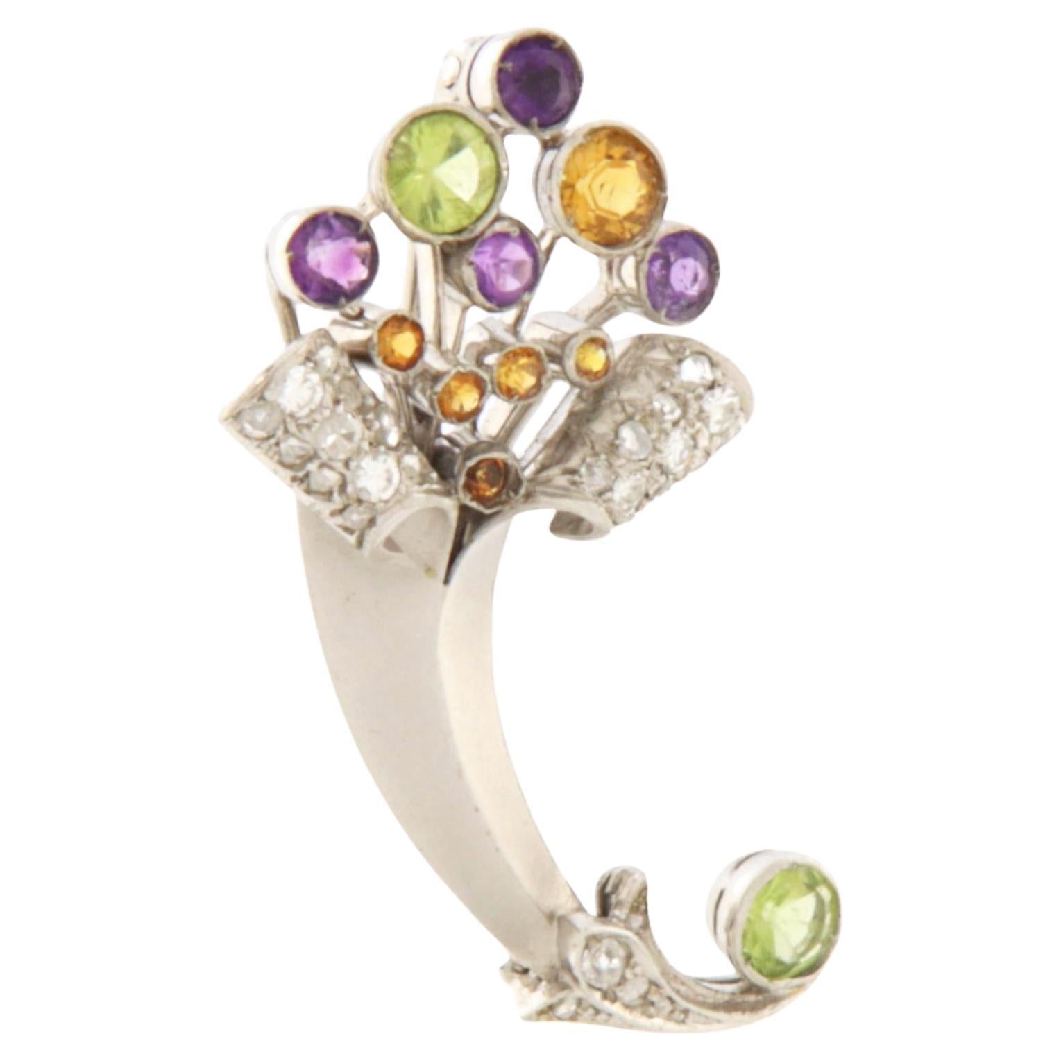 Peridoto Citrino Amatista Diamantes Broche de Oro Blanco de 18 Kilates
