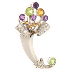 Peridot Citrine Amethyst Diamonds 18 Karat White Gold Brooch