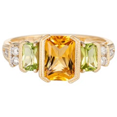 Peridot Citrine Diamond Ring Estate 14 Karat Yellow Gold Square Mixed Gemstones