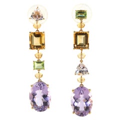 Peridot CItrine Morganite Amethyst Dangle Earrings in 14 Karat Yellow Gold