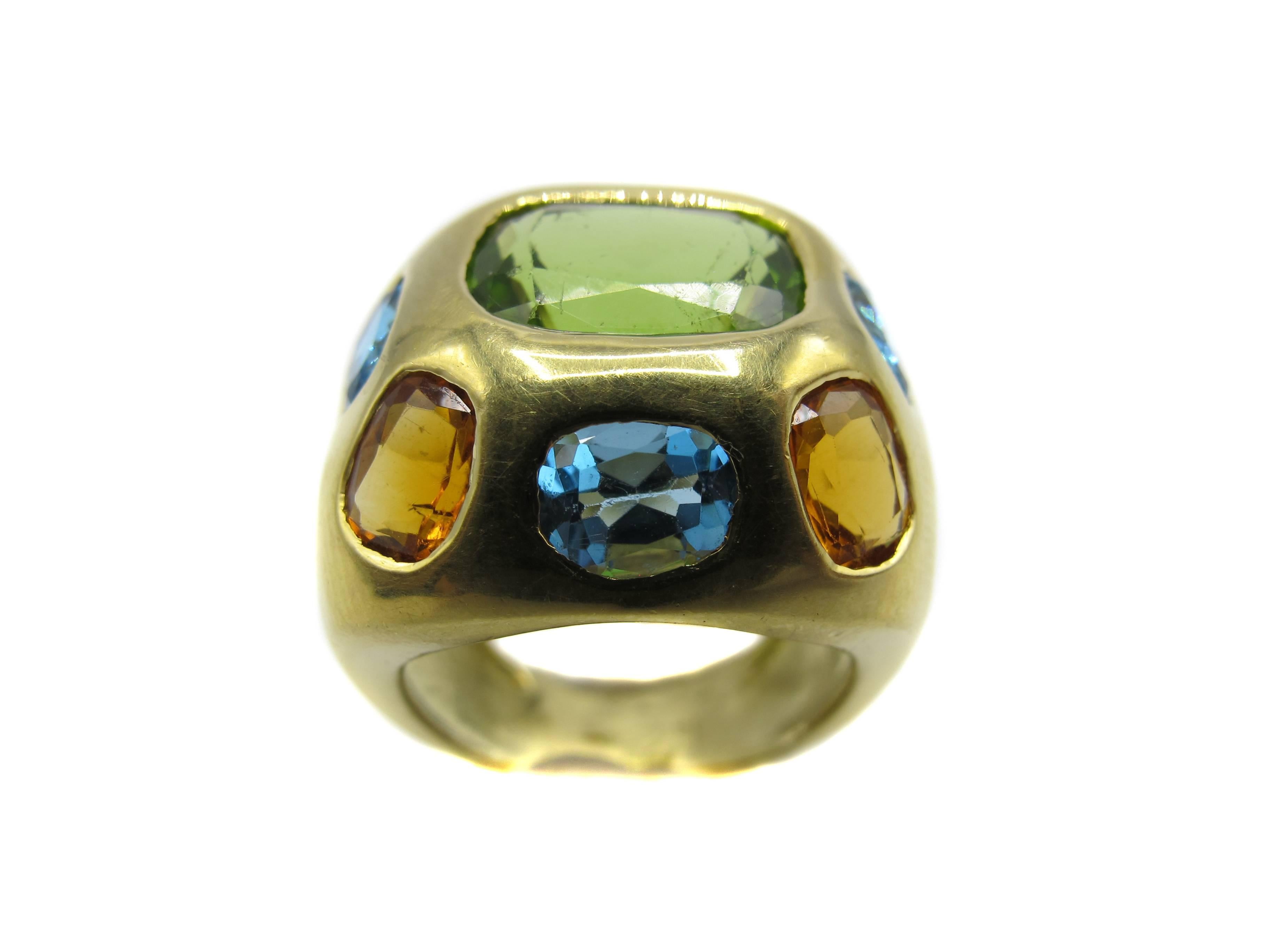 Contemporary Peridot Citrine Topaz Yellow Gold Ring For Sale