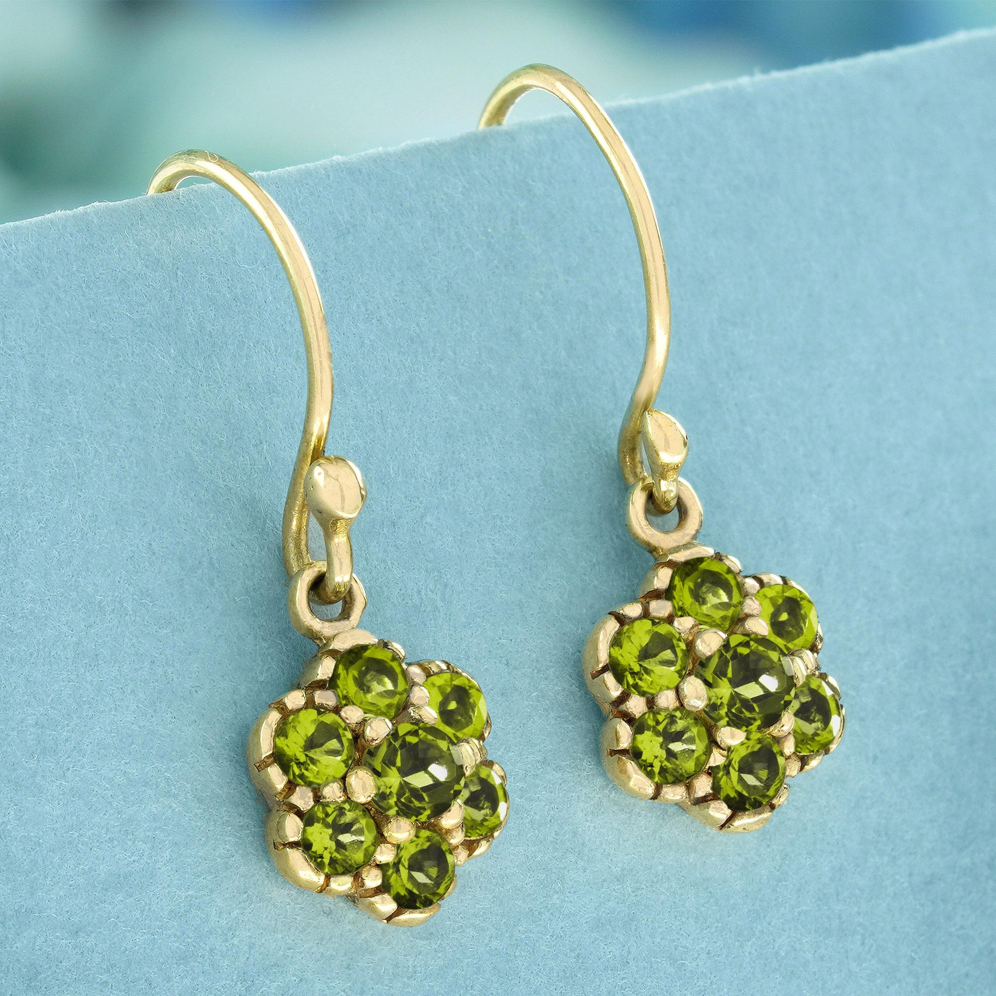 Edwardian Peridot Cluster Vintage Style Floral Drop Earrings in Solid 9K Gold For Sale