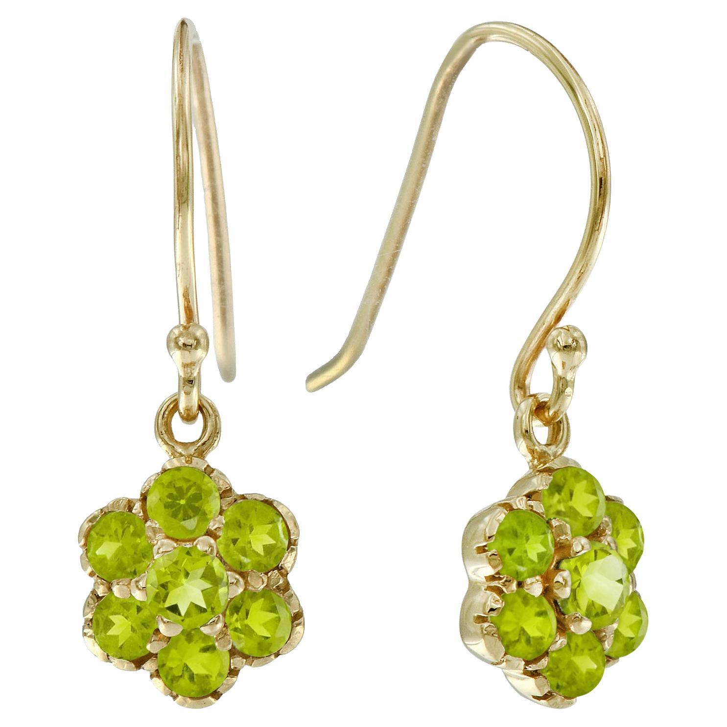 Peridot Cluster Vintage Style Floral Drop Earrings in Solid 9K Gold