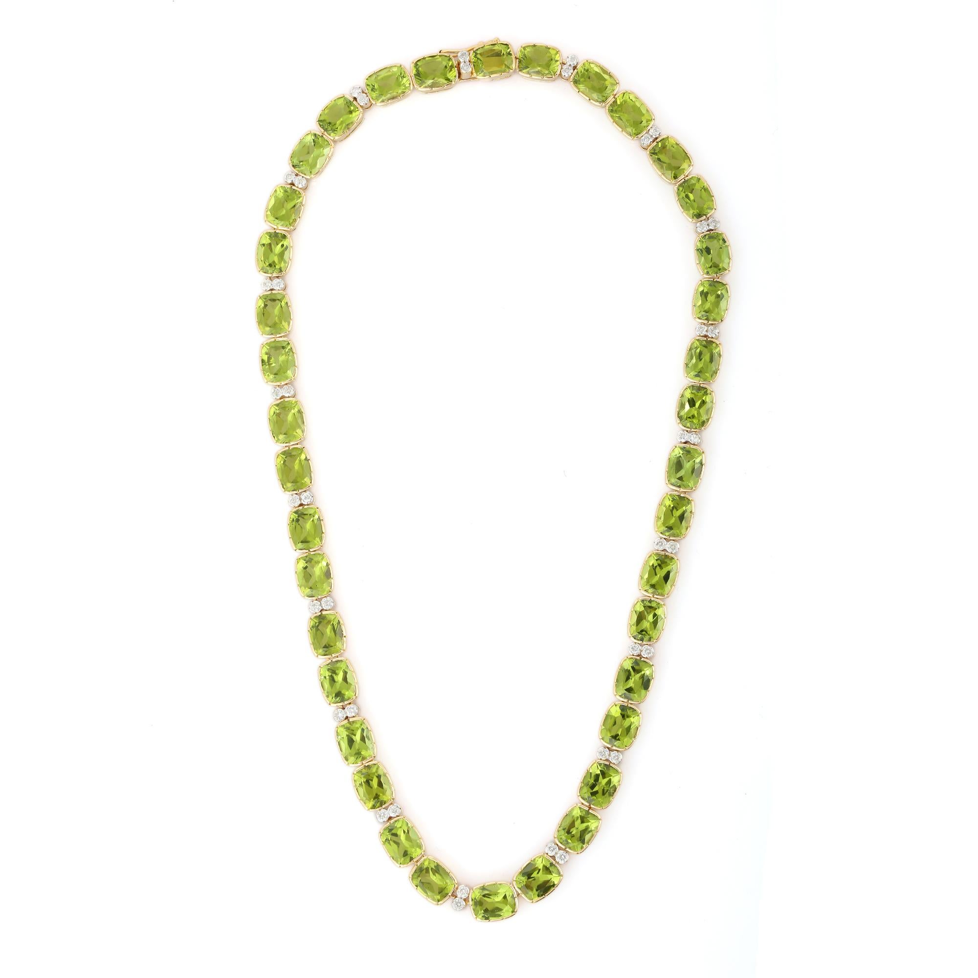 Modern Peridot Cushion Shaped Gemstone and Diamond Necklace in 18 Karat Yellow Gold For Sale