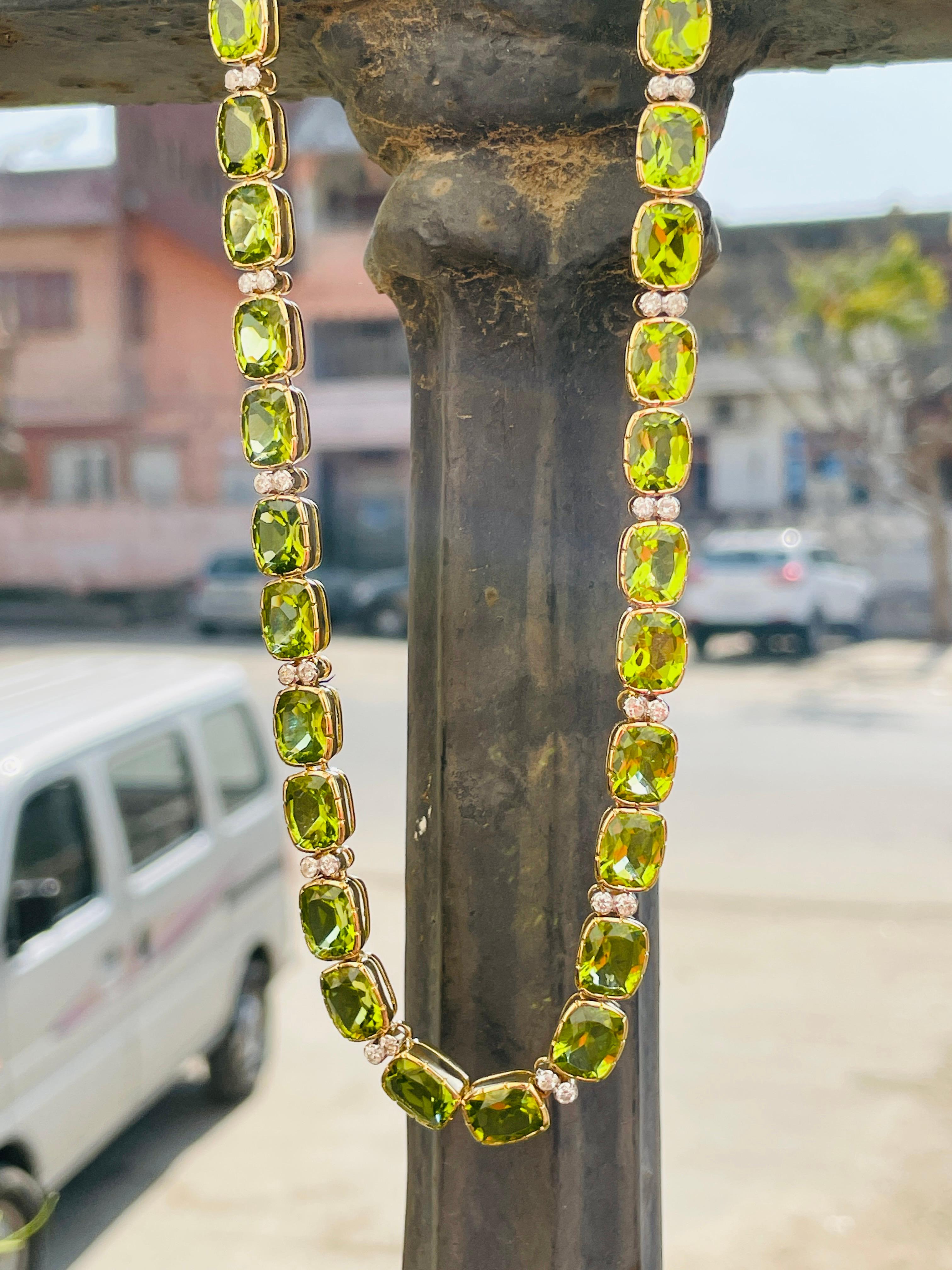 Cushion Cut Peridot Cushion Shaped Gemstone and Diamond Necklace in 18 Karat Yellow Gold For Sale