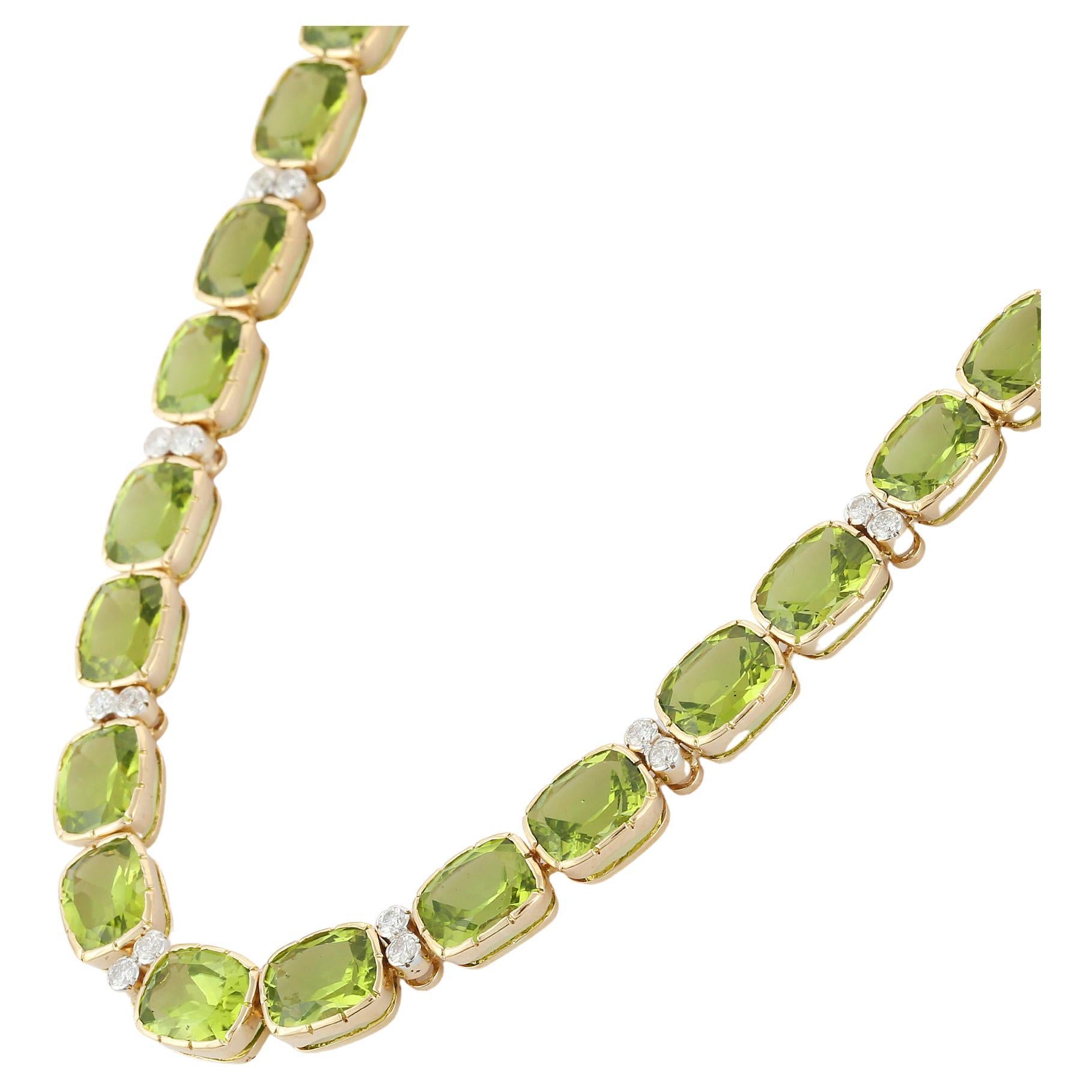 Peridot Cushion Shaped Gemstone and Diamond Necklace in 18 Karat Yellow Gold For Sale