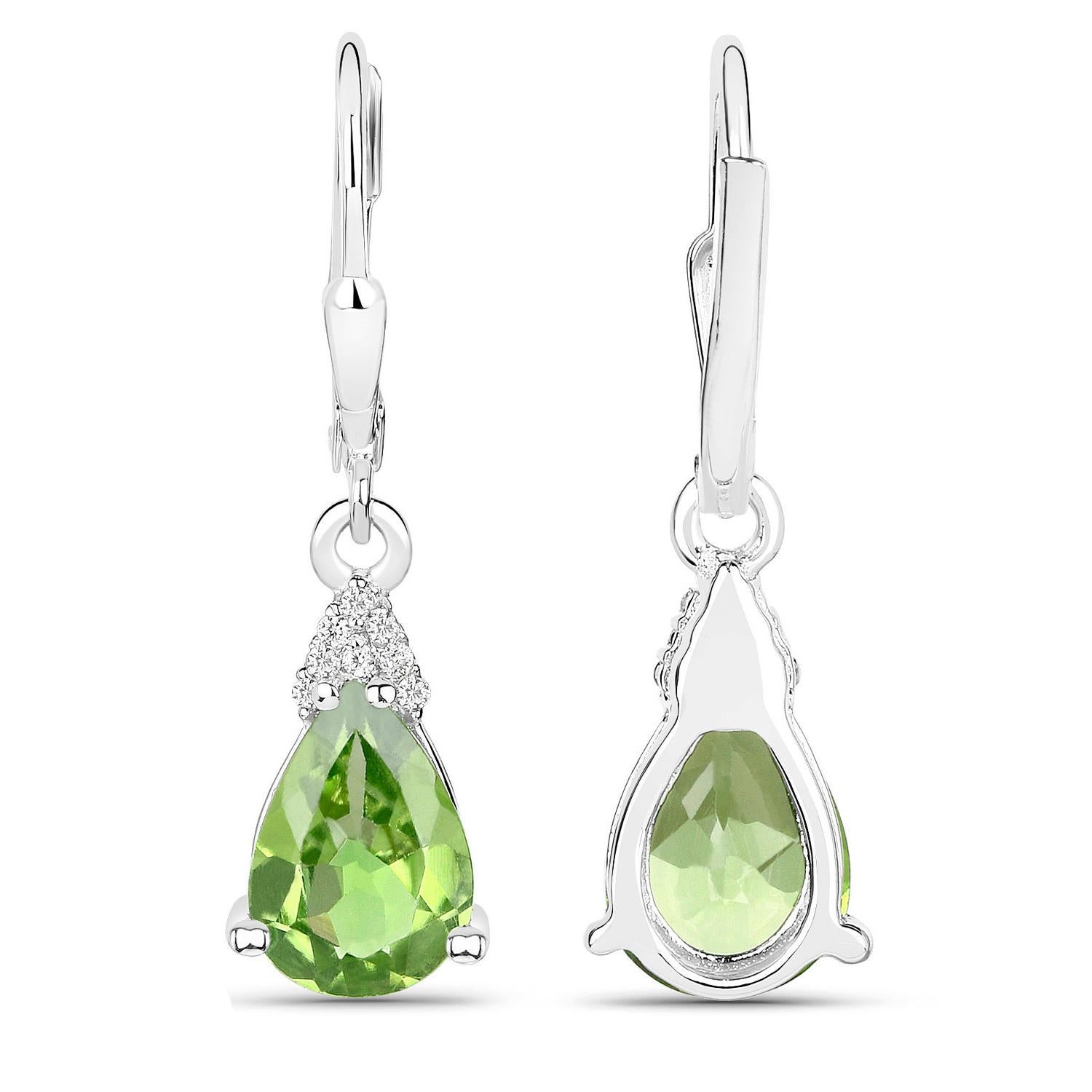 Contemporary Peridot Dangle Earrings White Zircon 2.80 Carats 18K White Gold Plated Silver For Sale