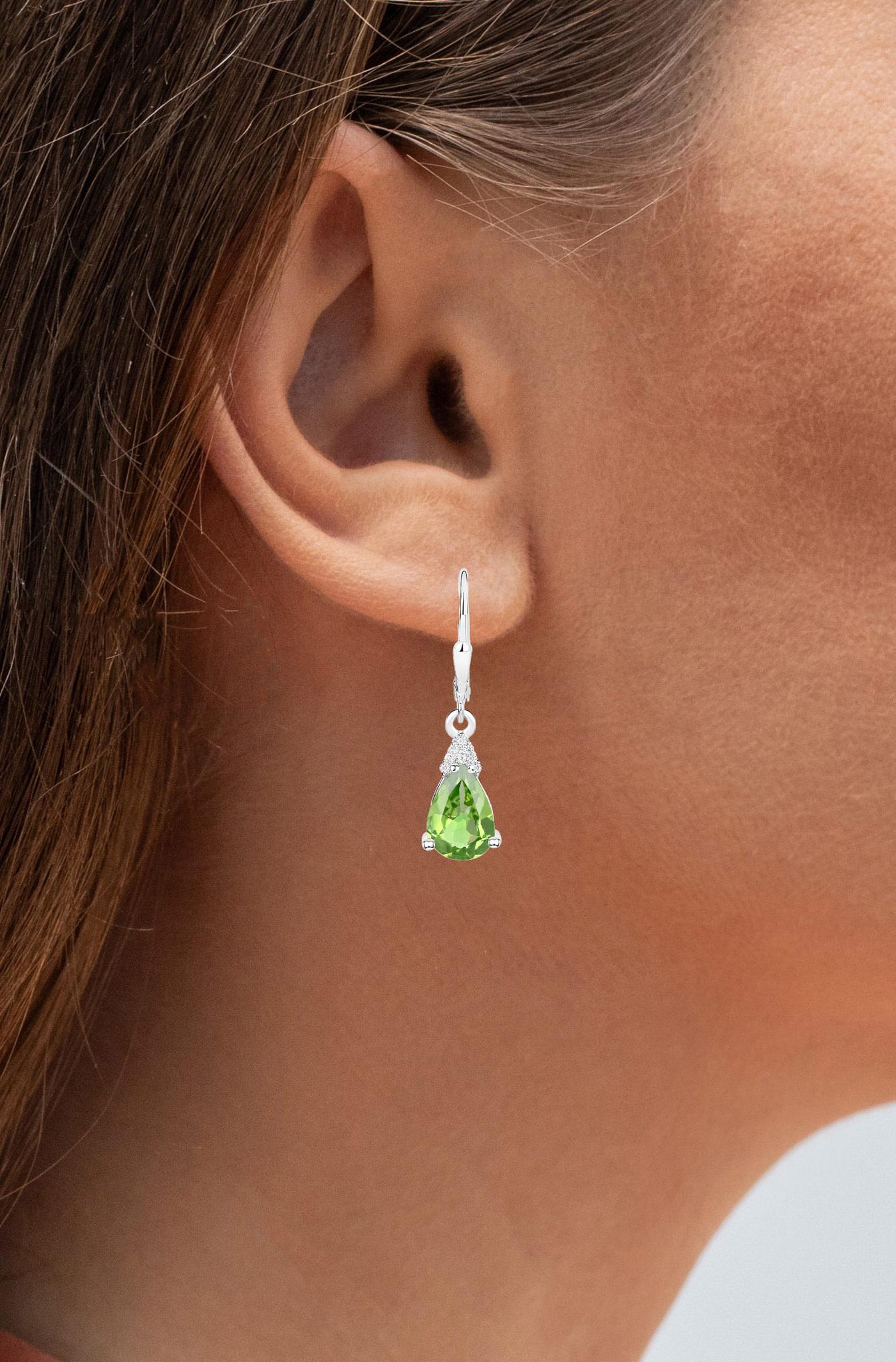 Pear Cut Peridot Dangle Earrings White Zircon 2.80 Carats 18K White Gold Plated Silver For Sale