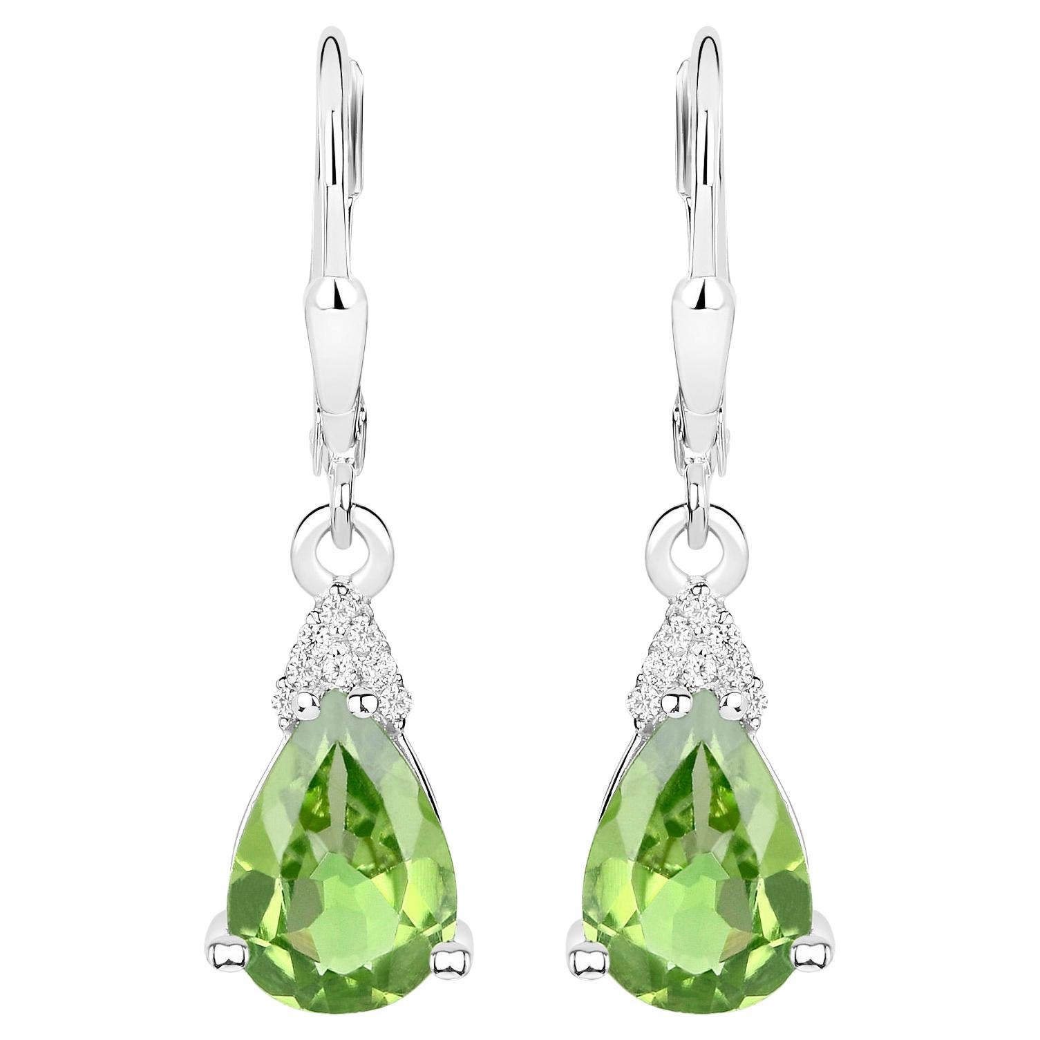 Peridot Dangle Earrings White Zircon 2.80 Carats 18K White Gold Plated Silver