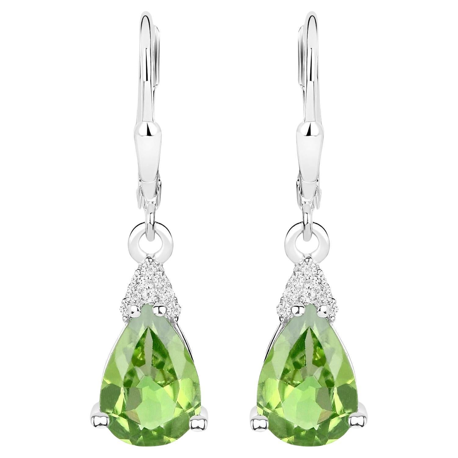 Peridot Dangle Earrings White Zircon 2.80 Carats 18K White Gold Plated Silver For Sale