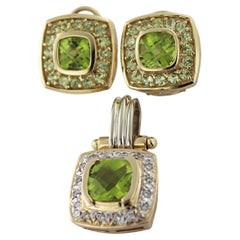 Peridot, Diamond, 14k Yellow Gold Pendant and Earring Suite