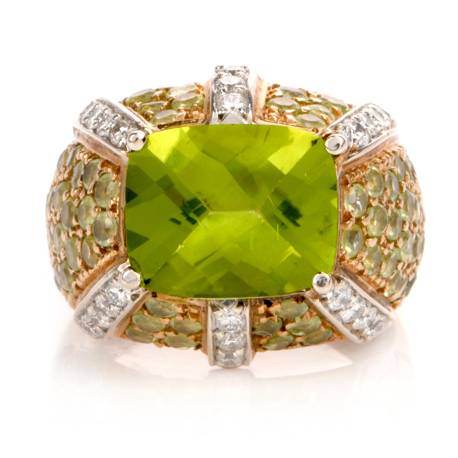 This fashionable peridot and diamond dome cocktail ring is crafted in solid 18-karat yellow gold, weighing approx. 8.3 grams and measuring 16mm x 6mm. Showcasing a prominent centered cushion cut prong-set peridot weighing approx 3.10 carats.